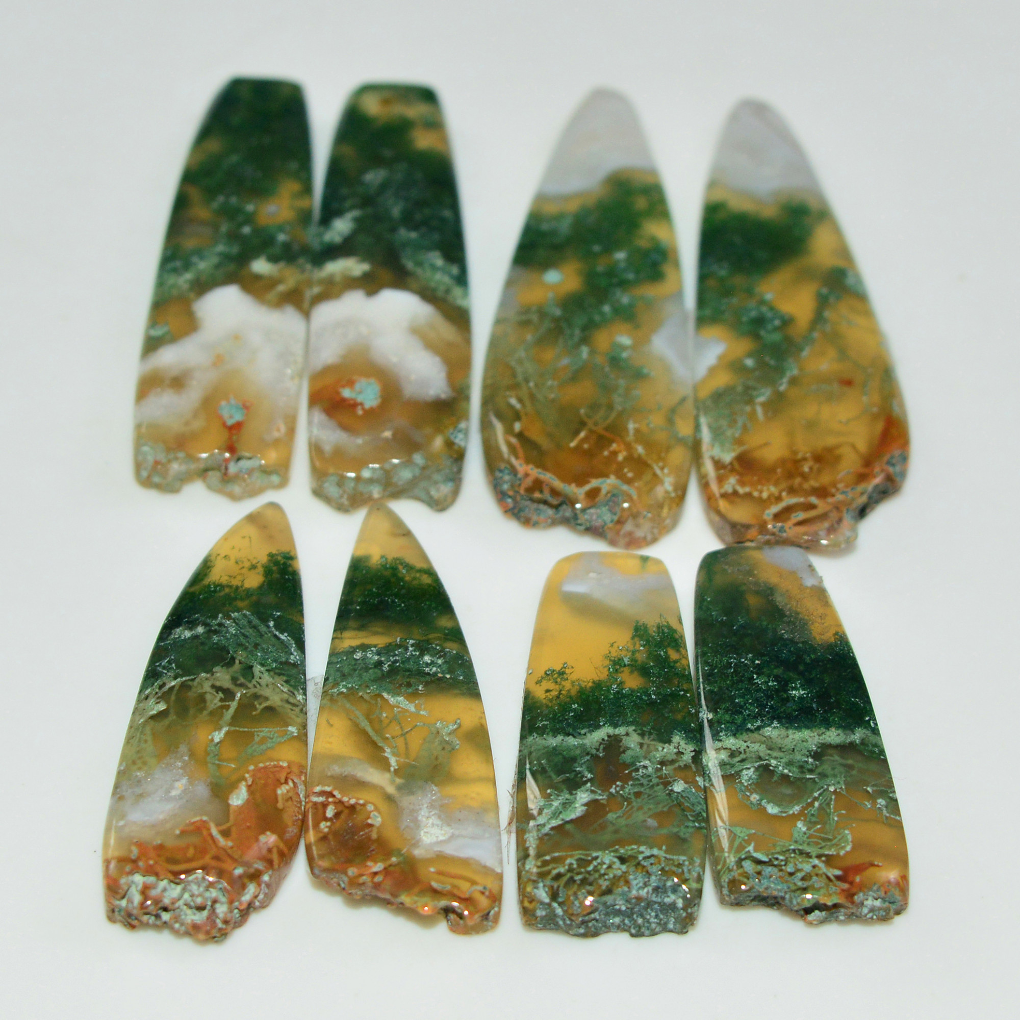 4 Pairs 134 Cts Natural Green Moss Agate Cabochon Gemstone Pairs Lot 38x10 25x8mm 19567