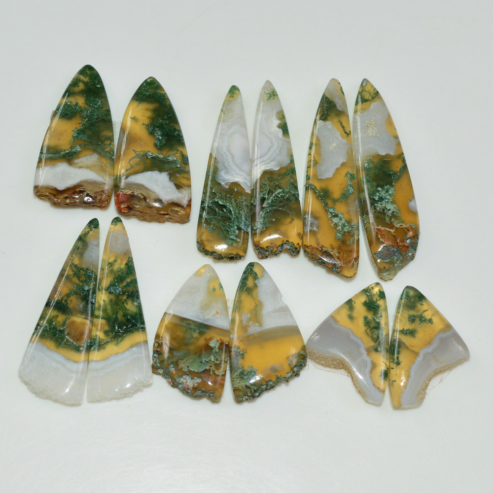 Image of 6 Pairs 139 Cts Natural Green Moss Agate Cabochon Gemstone Pairs Lot 34x6 16x12mm #19568
