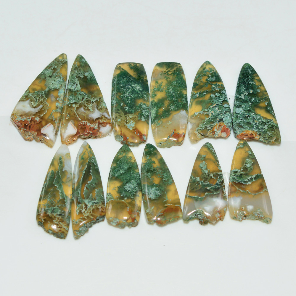 Image of 6 Pairs 148 Cts Natural Green Moss Agate Cabochon Gemstone Pairs Lot 28x12 23x7mm #19569