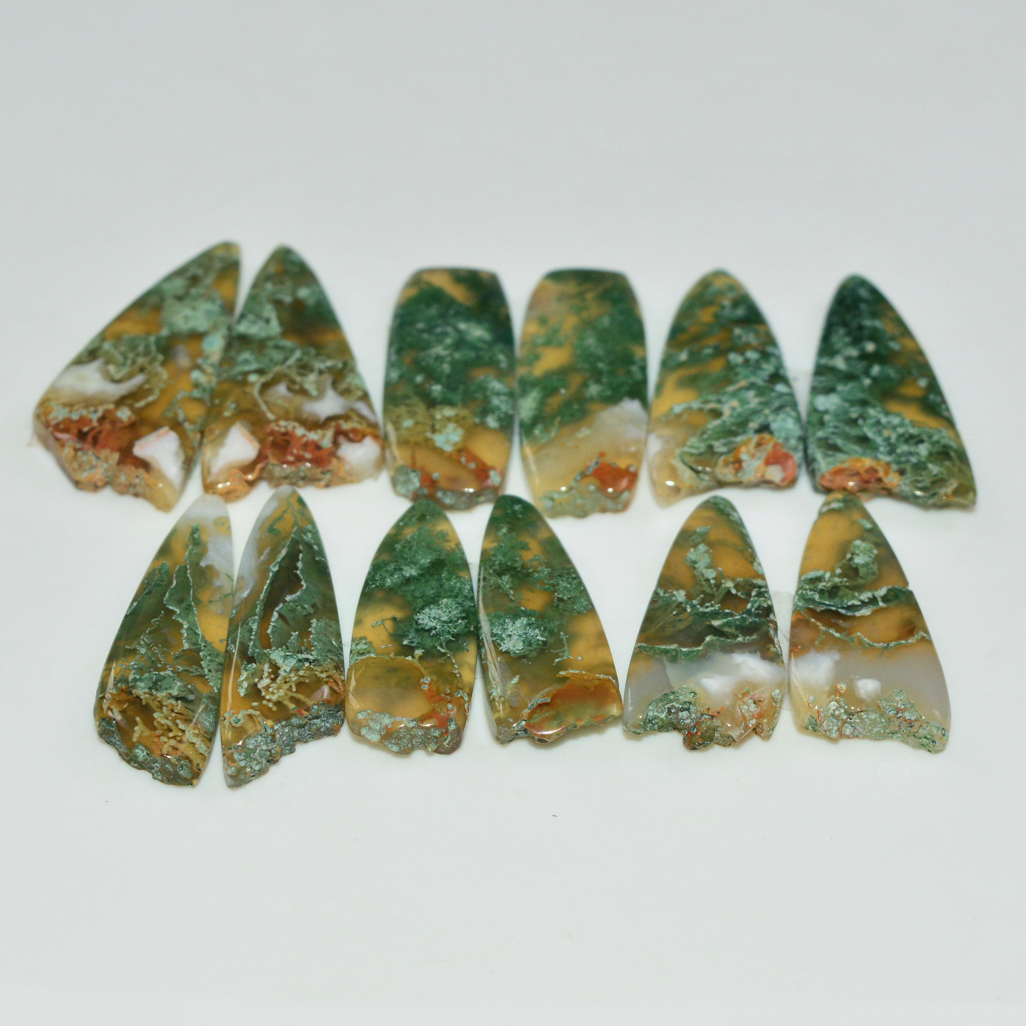 6 Pairs 148 Cts Natural Green Moss Agate Cabochon Gemstone Pairs Lot 28x12 23x7mm 19569