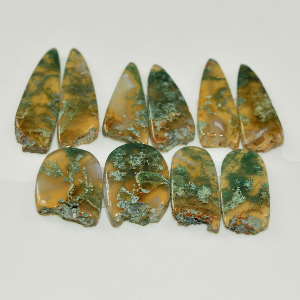 Image of 5 Pairs 126 Cts Natural Green Moss Agate Cabochon Gemstone Pairs Lot 33x9 19x13mm #19570