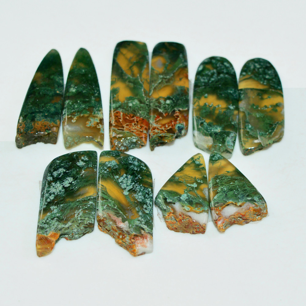 Image of 5 Pairs 148 Cts Natural Green Moss Agate Cabochon Gemstone Pairs Lot 34x4 18x10mm #19571