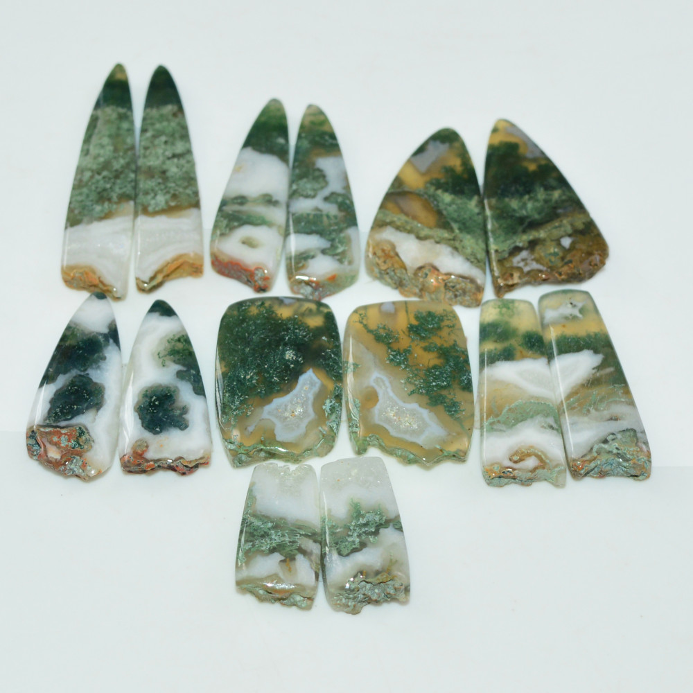 Image of 7 Pairs 180 Cts Natural Green Moss Agate Cabochon Gemstone Pairs Lot 37x6 16x6mm #19572