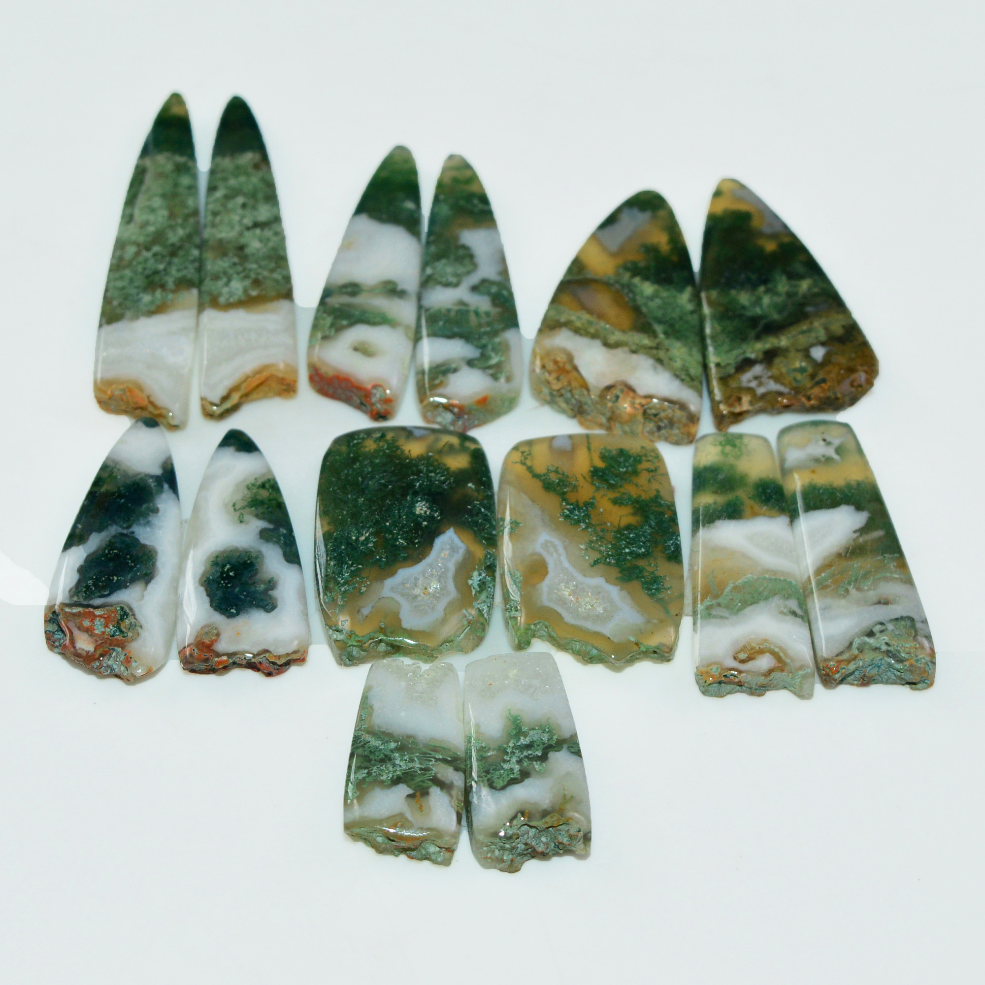 7 Pairs 180 Cts Natural Green Moss Agate Cabochon Gemstone Pairs Lot 37x6 16x6mm 19572