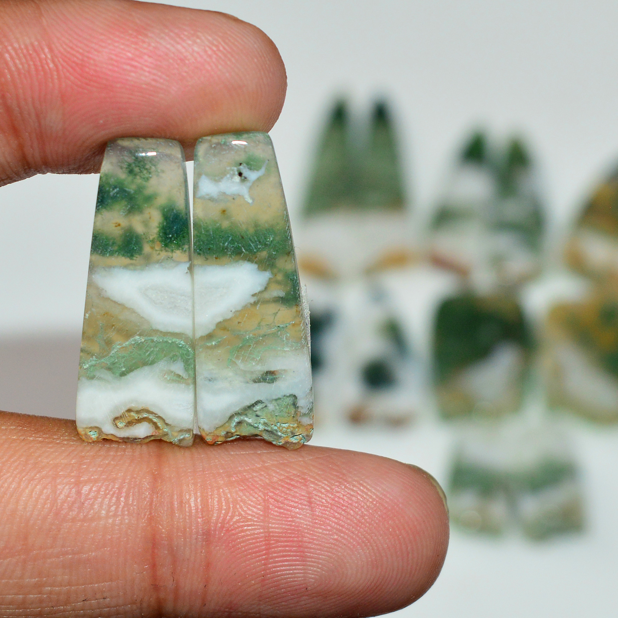 7 Pairs 180 Cts Natural Green Moss Agate Cabochon Gemstone Pairs Lot 37x6 16x6mm 19572