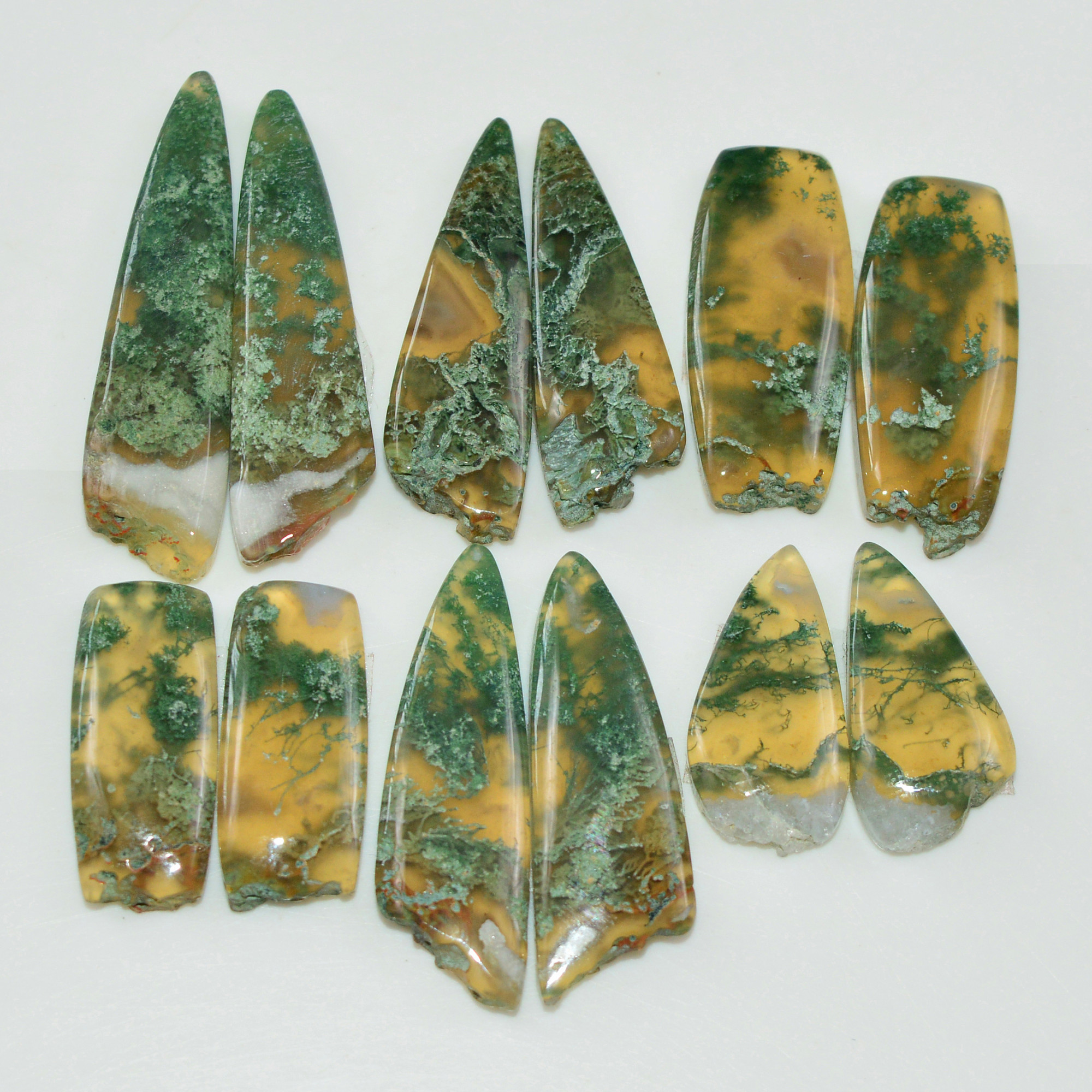 6 Pairs 153 Cts Natural Green Moss Agate Cabochon Gemstone Pairs Lot 35x7 20x9mm 19573