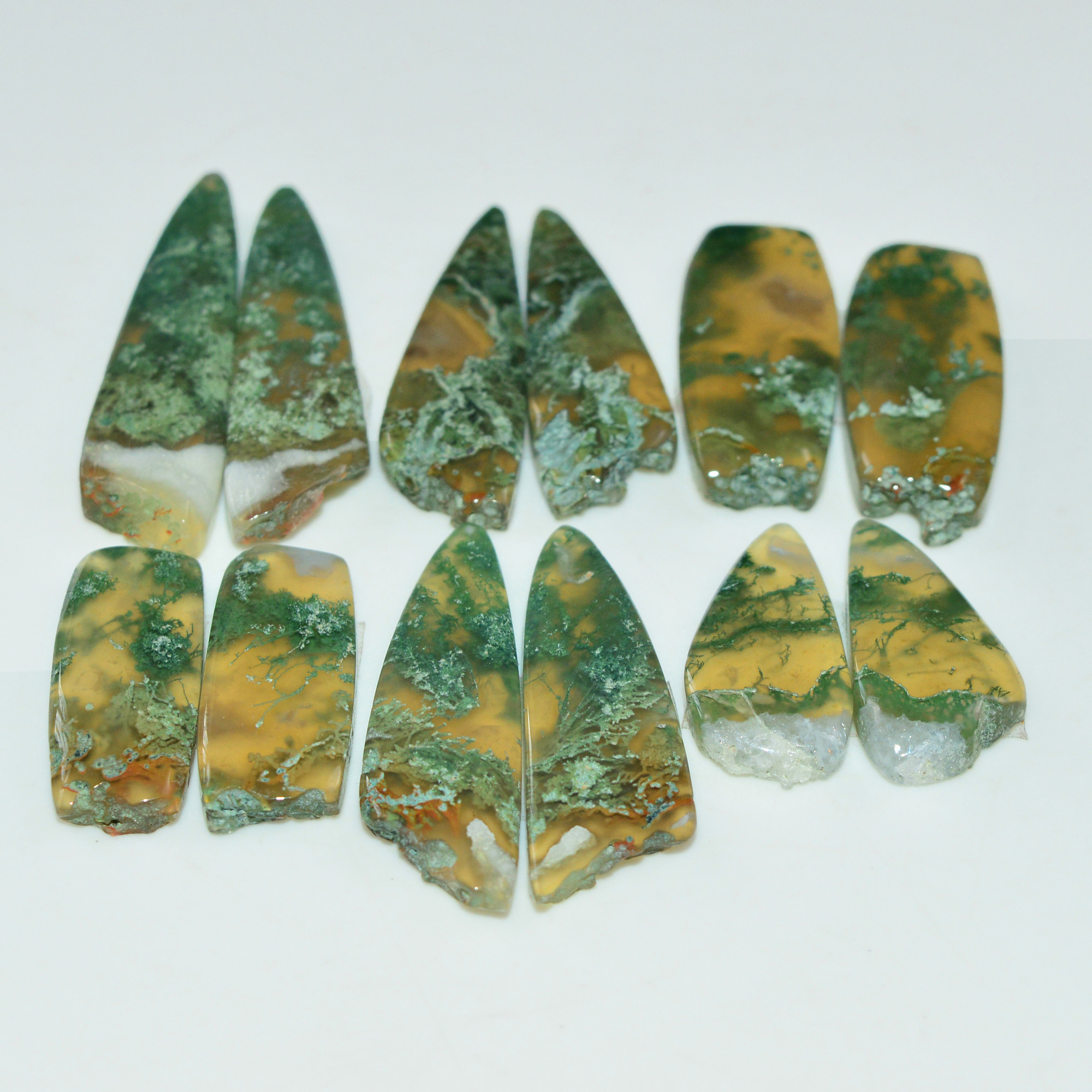 6 Pairs 153 Cts Natural Green Moss Agate Cabochon Gemstone Pairs Lot 35x7 20x9mm 19573