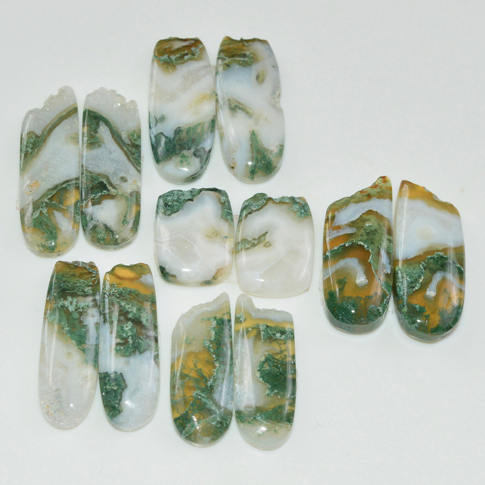 Image of 6 Pairs 130 Cts Natural Green Moss Agate Cabochon Gemstone Pairs Lot 24x6 15x9mm #19574