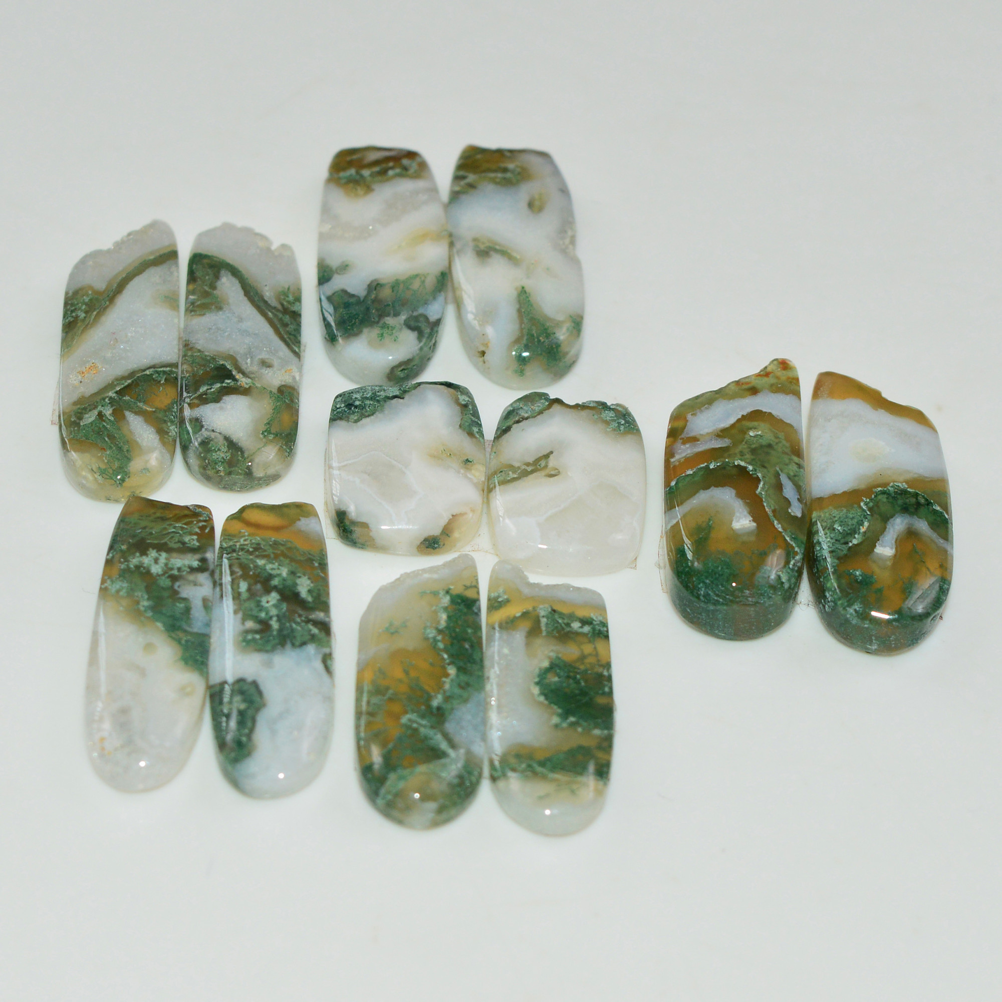 6 Pairs 130 Cts Natural Green Moss Agate Cabochon Gemstone Pairs Lot 24x6 15x9mm 19574