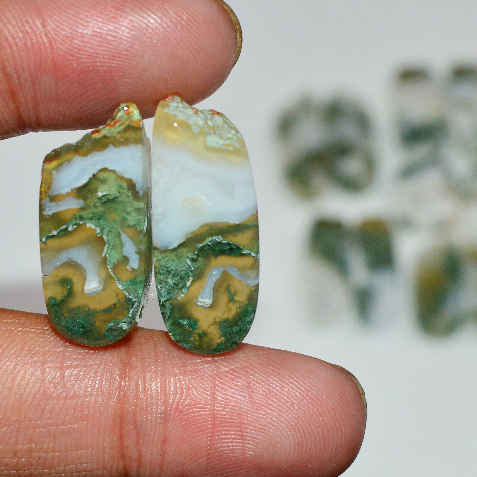 6 Pairs 130 Cts Natural Green Moss Agate Cabochon Gemstone Pairs Lot 24x6 15x9mm 19574