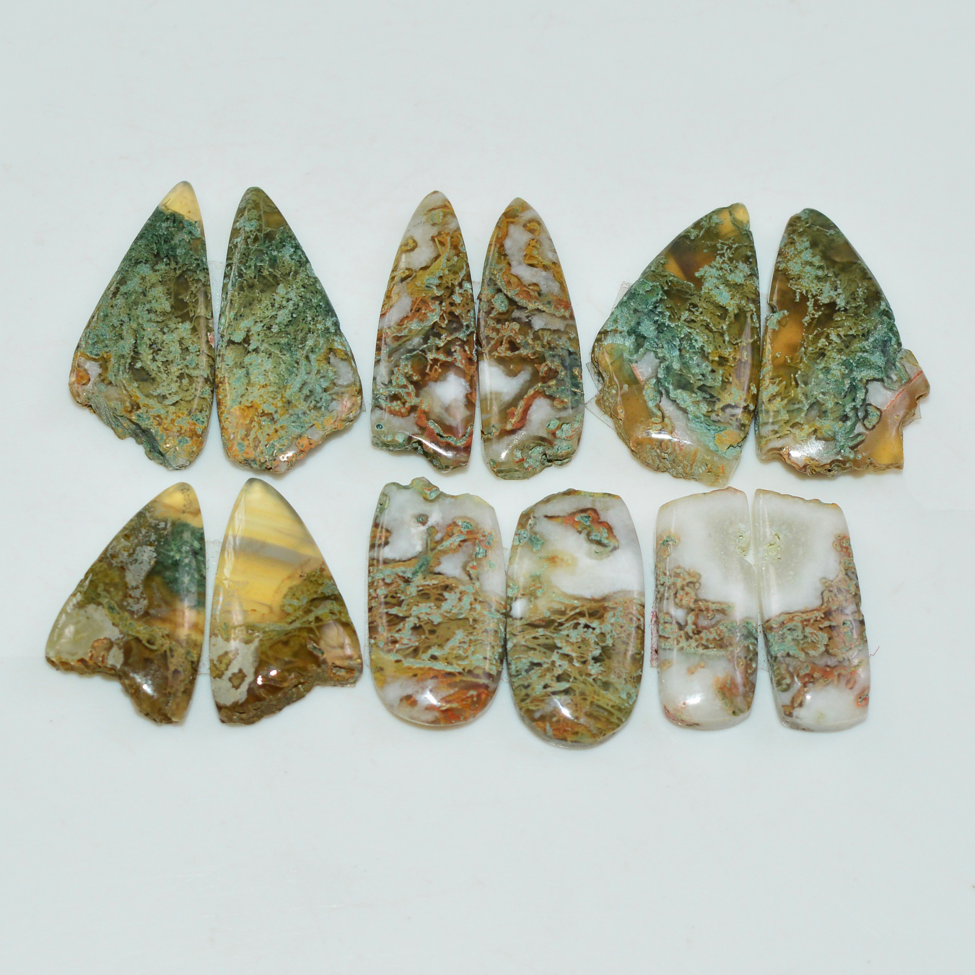 6 Pairs 117 Cts Natural Green Moss Agate Cabochon Gemstone Pairs Lot 25x10 18x5mm 19575