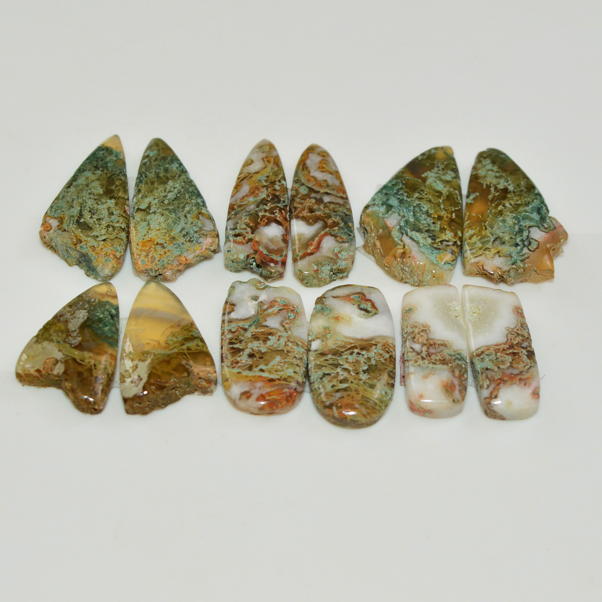 6 Pairs 117 Cts Natural Green Moss Agate Cabochon Gemstone Pairs Lot 25x10 18x5mm 19575