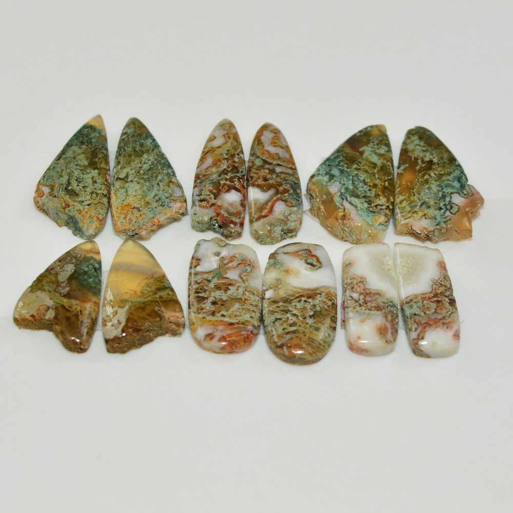 Image of 6 Pairs 117 Cts Natural Green Moss Agate Cabochon Gemstone Pairs Lot 25x10 18x5mm #19575