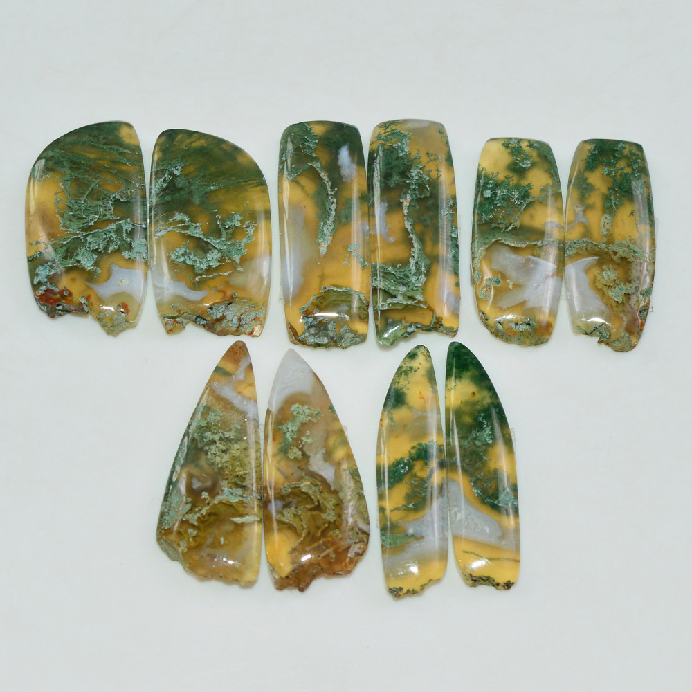 Image of 5 Pairs 142 Cts Natural Green Moss Agate Cabochon Gemstone Pairs Lot 27x9 24x8mm #19576