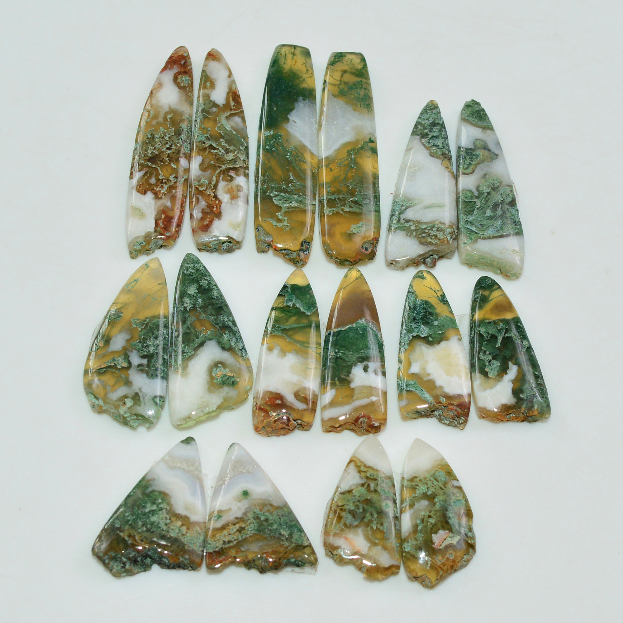 8 Pairs 189 Cts Natural Green Moss Agate Cabochon Gemstone Pairs Lot 35x7 20x9mm 19577