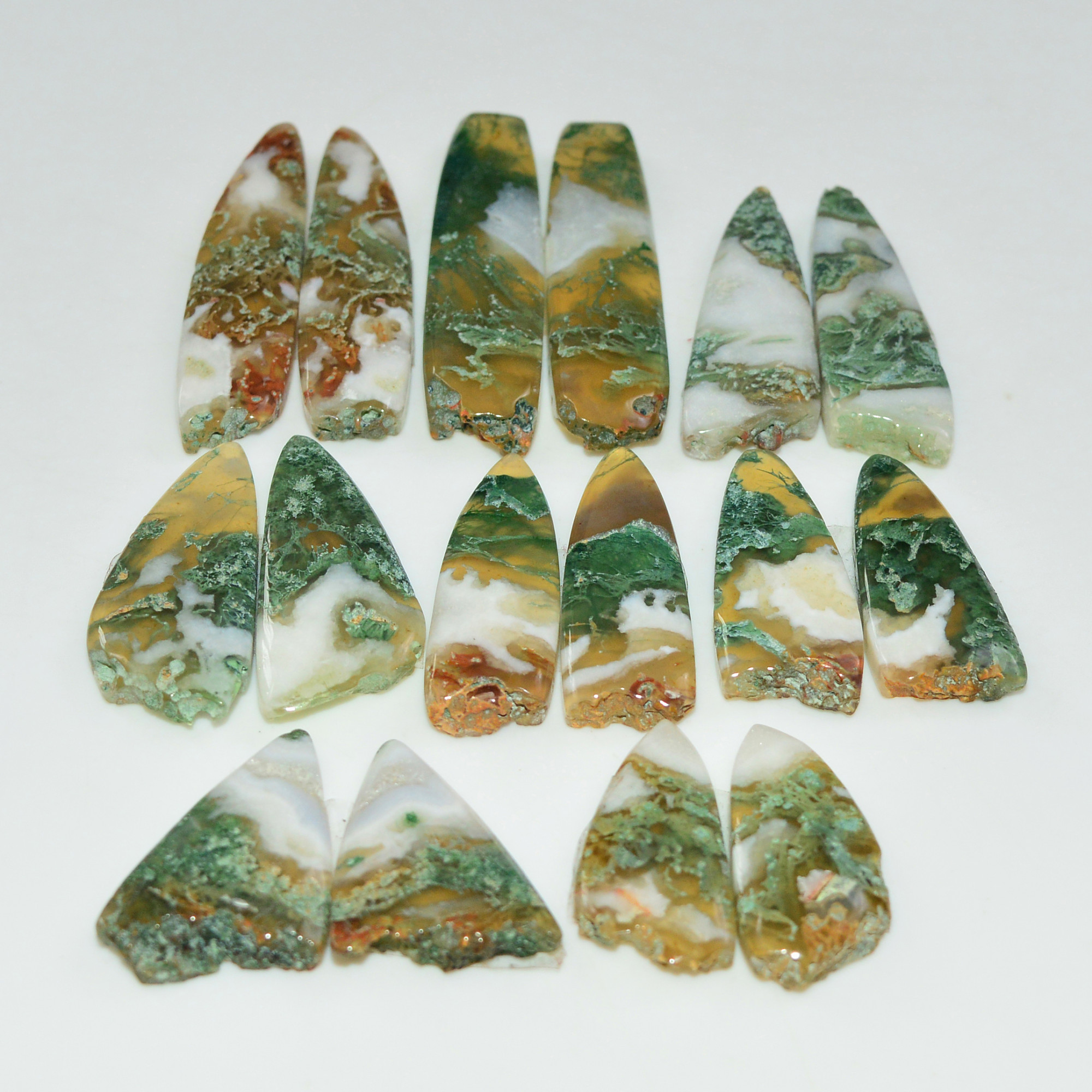 8 Pairs 189 Cts Natural Green Moss Agate Cabochon Gemstone Pairs Lot 35x7 20x9mm 19577