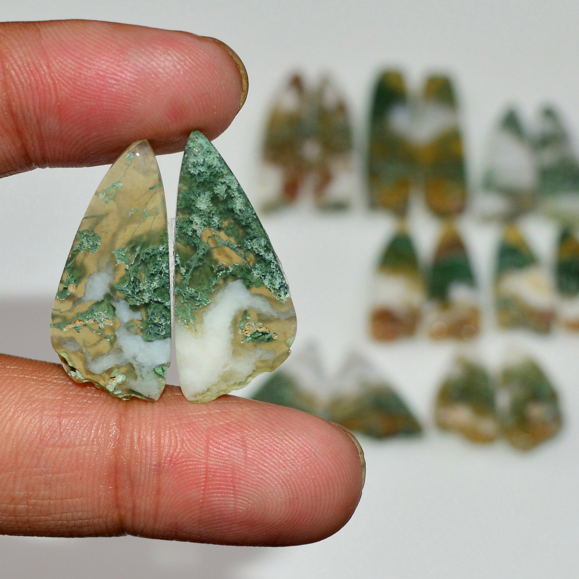 8 Pairs 189 Cts Natural Green Moss Agate Cabochon Gemstone Pairs Lot 35x7 20x9mm 19577