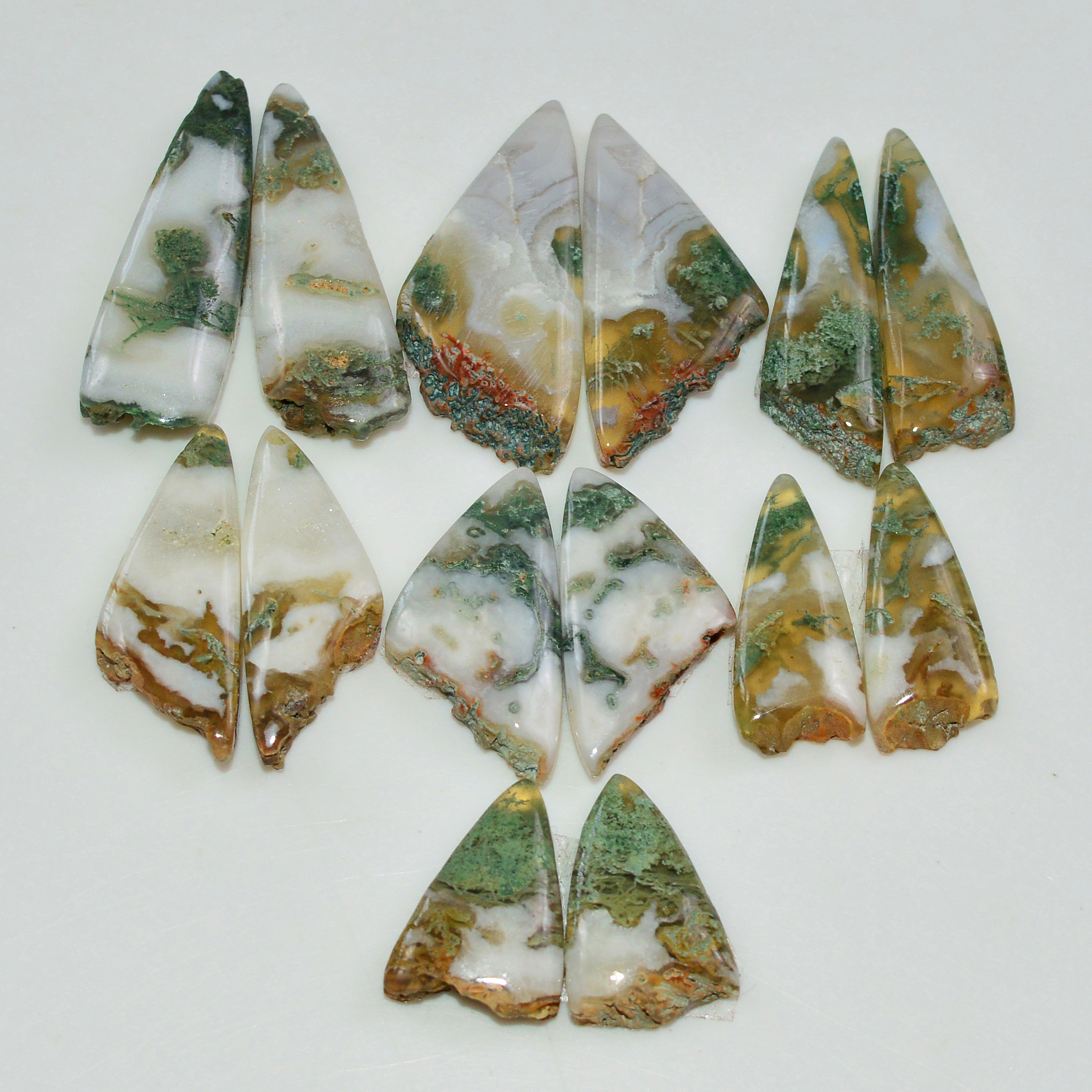 7 Pairs 133 Cts Natural Green Moss Agate Cabochon Gemstone Pairs Lot 28x8 14x9mm 19578