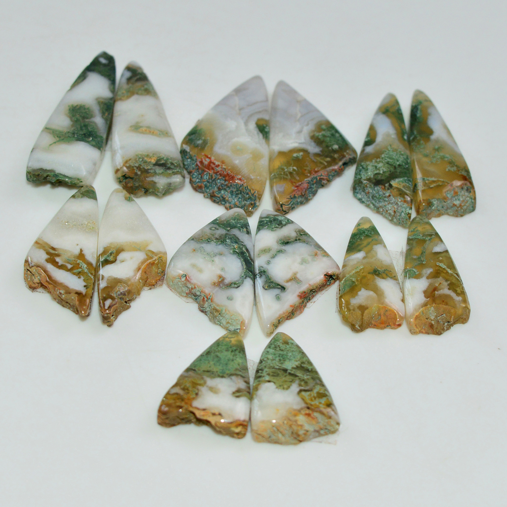 7 Pairs 133 Cts Natural Green Moss Agate Cabochon Gemstone Pairs Lot 28x8 14x9mm 19578