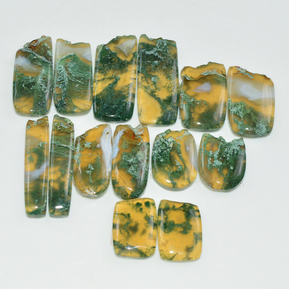 Image of 7 Pairs 196 Cts Natural Green Moss Agate Cabochon Gemstone Pairs Lot 30x4 14x11mm #19579