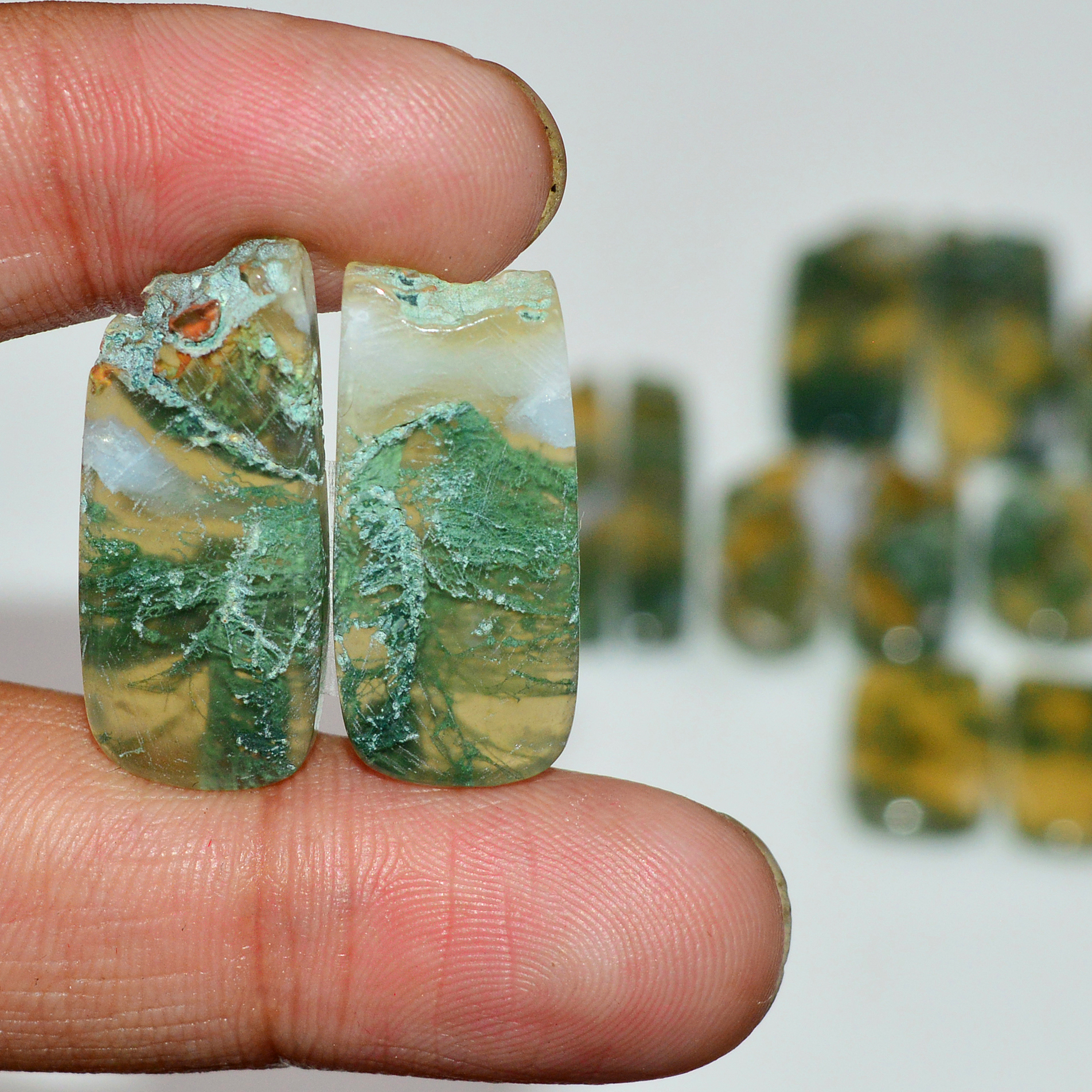 7 Pairs 196 Cts Natural Green Moss Agate Cabochon Gemstone Pairs Lot 30x4 14x11mm 19579