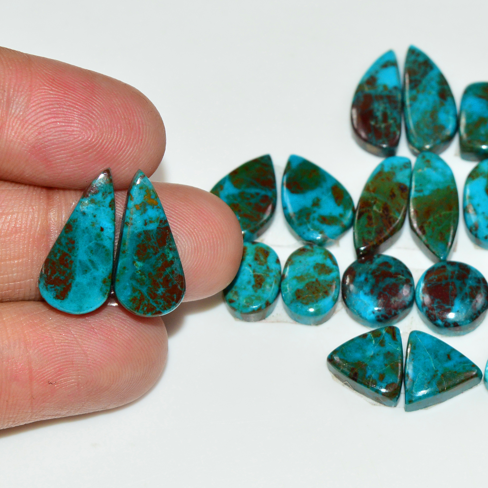 14 Pair 94 Cts Natural Chysocolla Cabochon Pair Loose Gemstone Wholesale Lot For Jewelry Making 15x6 6x4mm 19590