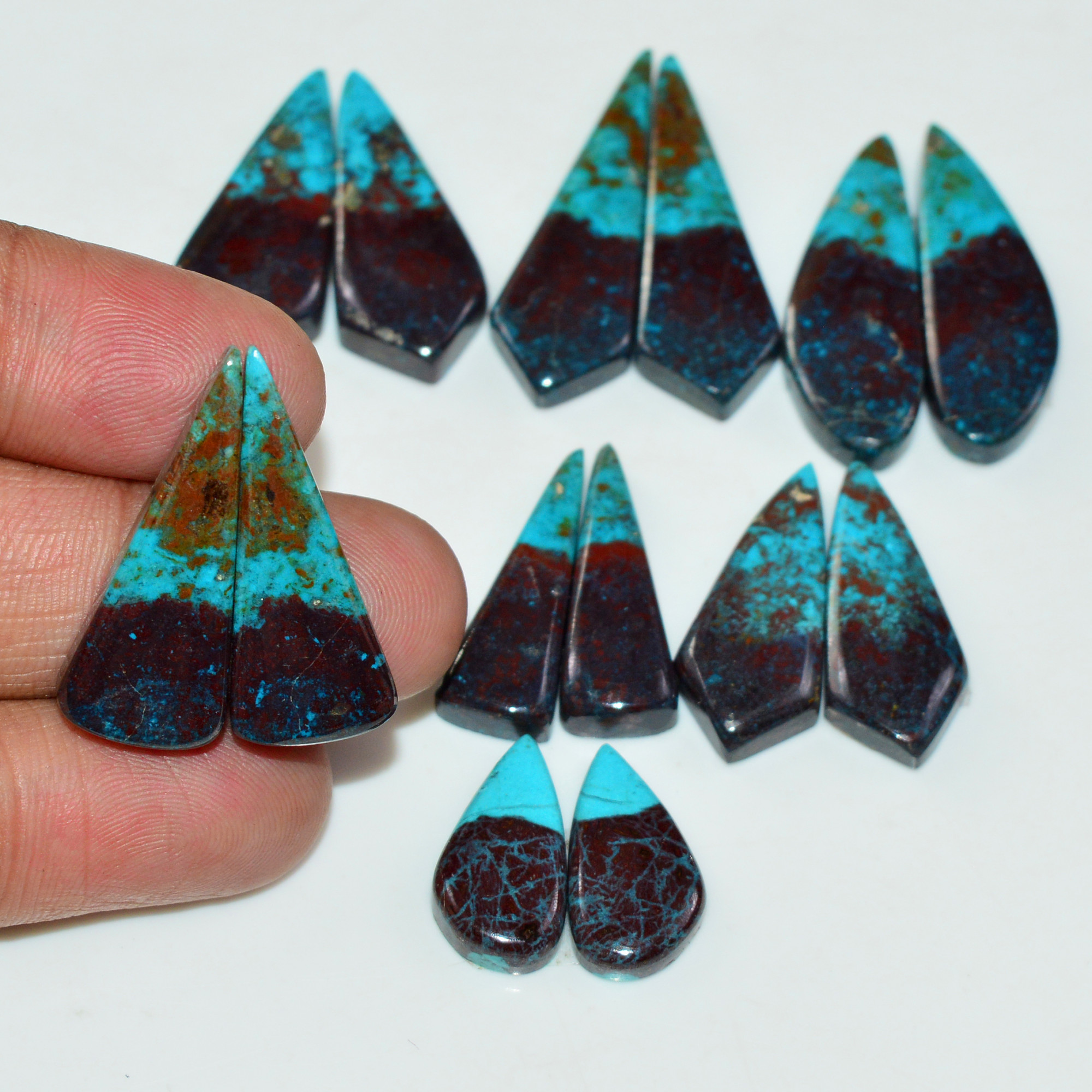 7 Pair 142 Cts Natural Chysocolla Cabochon Pair Loose Gemstone Wholesale Lot For Jewelry Making 31x9 15x7mm 19591