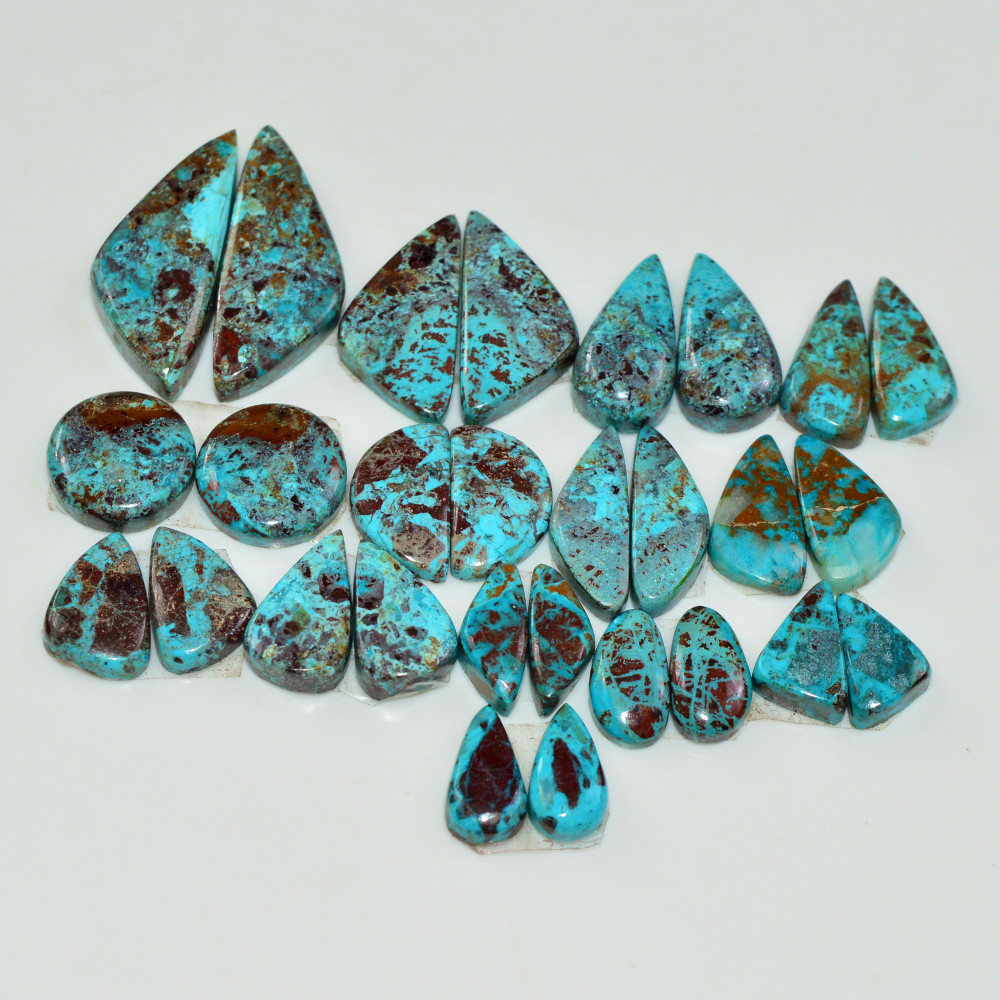 Image of 14 Pair 100 Cts Natural Chysocolla Cabochon Pair Loose Gemstone Wholesale Lot For Jewelry Making 24x8 10x3mm #19599
