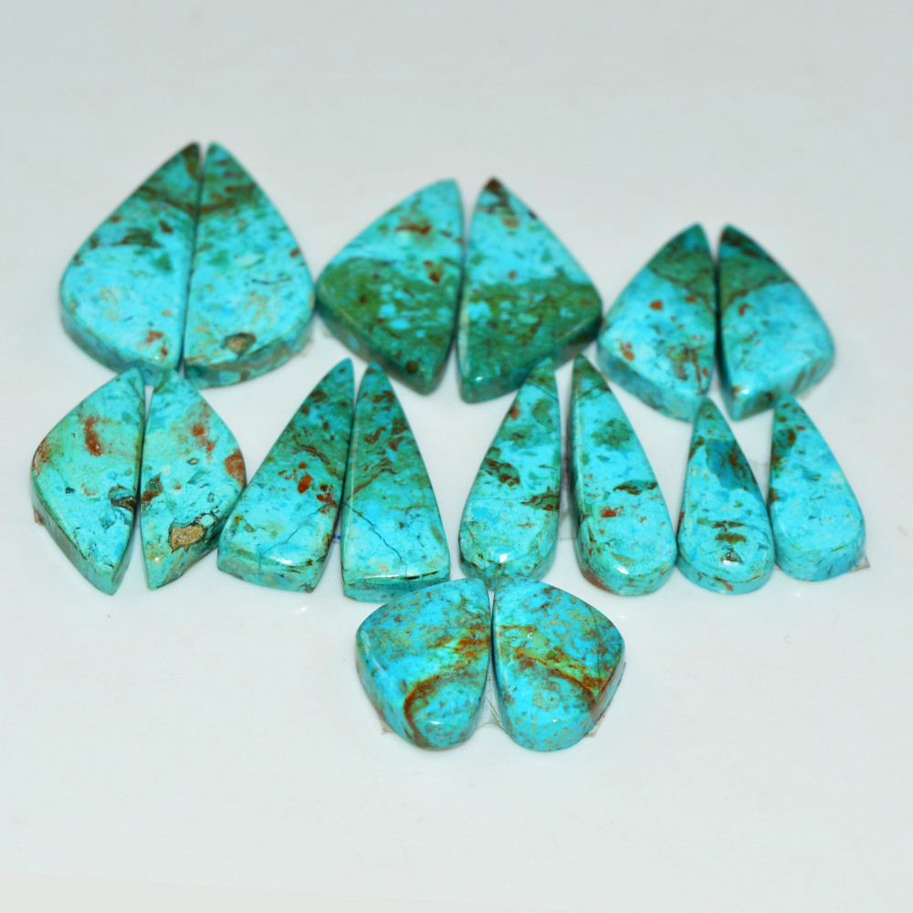 Image of 8 Pair 98 Cts Natural Chysocolla Cabochon Pair Loose Gemstone Wholesale Lot For Jewelry Making 25x9 13x8mm #19606