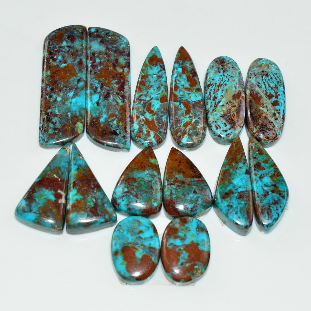Image of 7 Pair 130 Cts Natural Chysocolla Cabochon Pair Loose Gemstone Wholesale Lot For Jewelry Making 30x7 12x8mm #19607