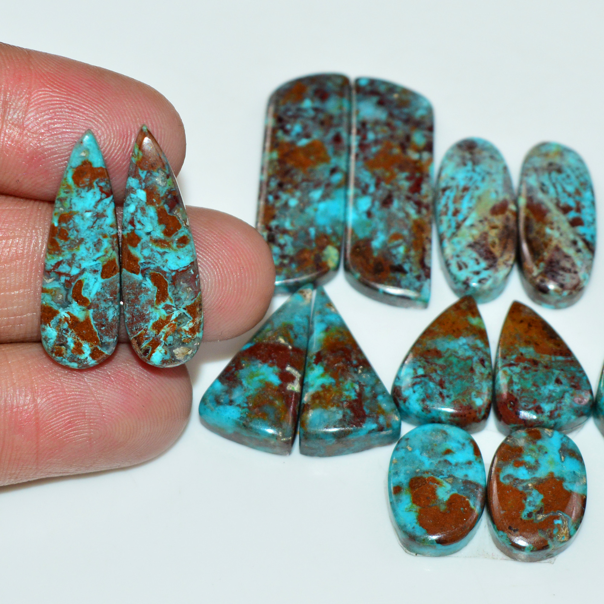7 Pair 130 Cts Natural Chysocolla Cabochon Pair Loose Gemstone Wholesale Lot For Jewelry Making 30x7 12x8mm 19607
