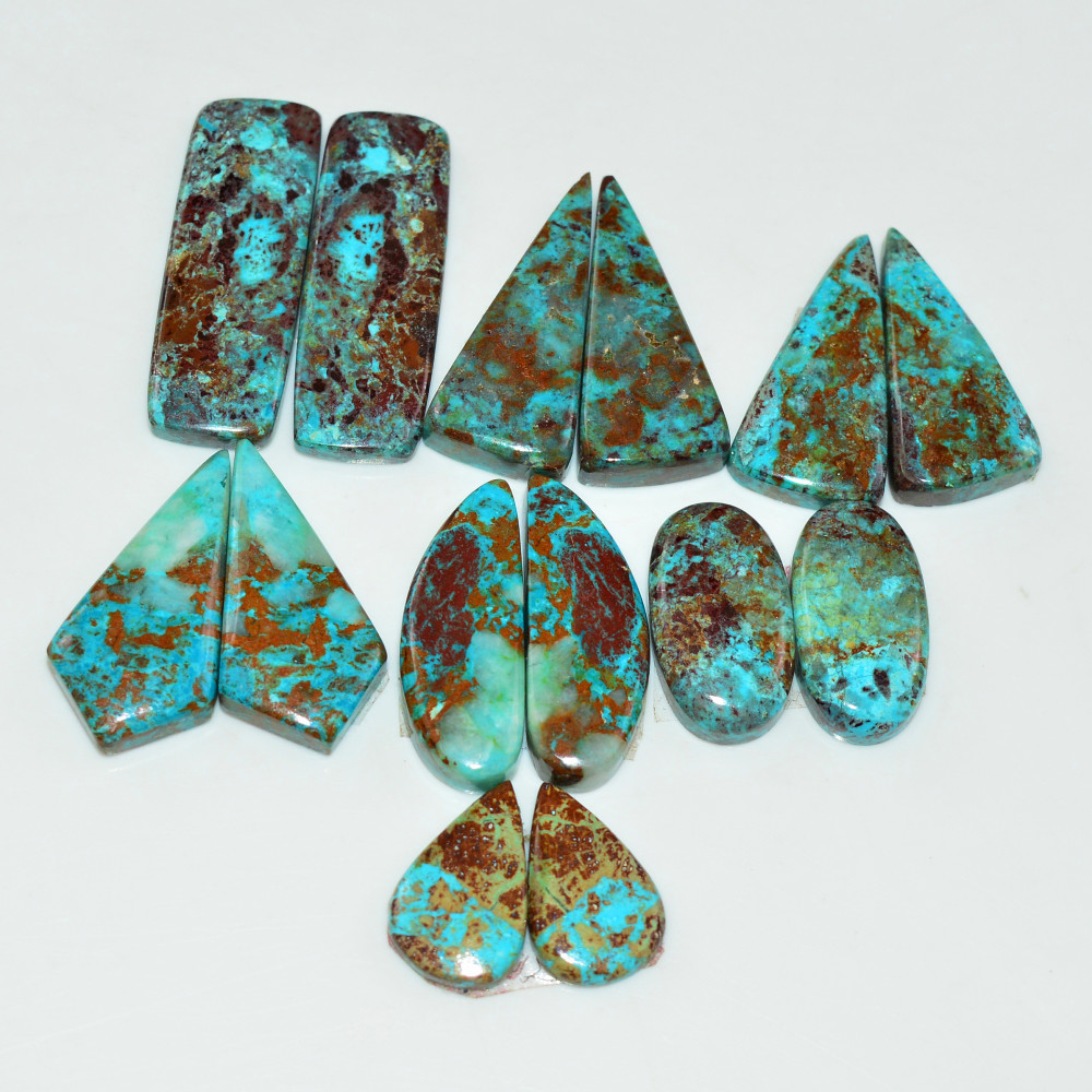 Image of 7 Pair 120 Cts Natural Chysocolla Cabochon Pair Loose Gemstone Wholesale Lot For Jewelry Making 28x8 13x7mm #19612