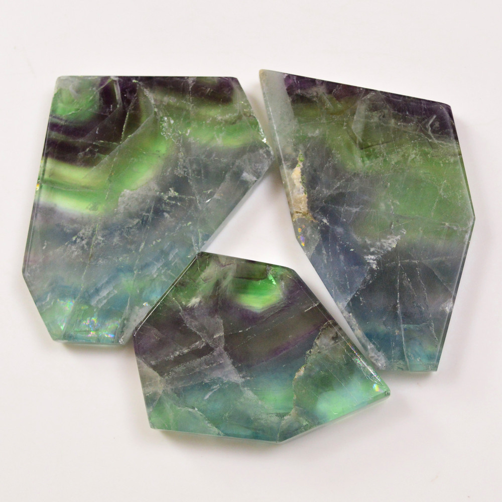 Image of 3 Pcs 779 Cts  Natural Fluorite Slice Loose Gemstone for jewellery making 72x52 57x39mm #19629