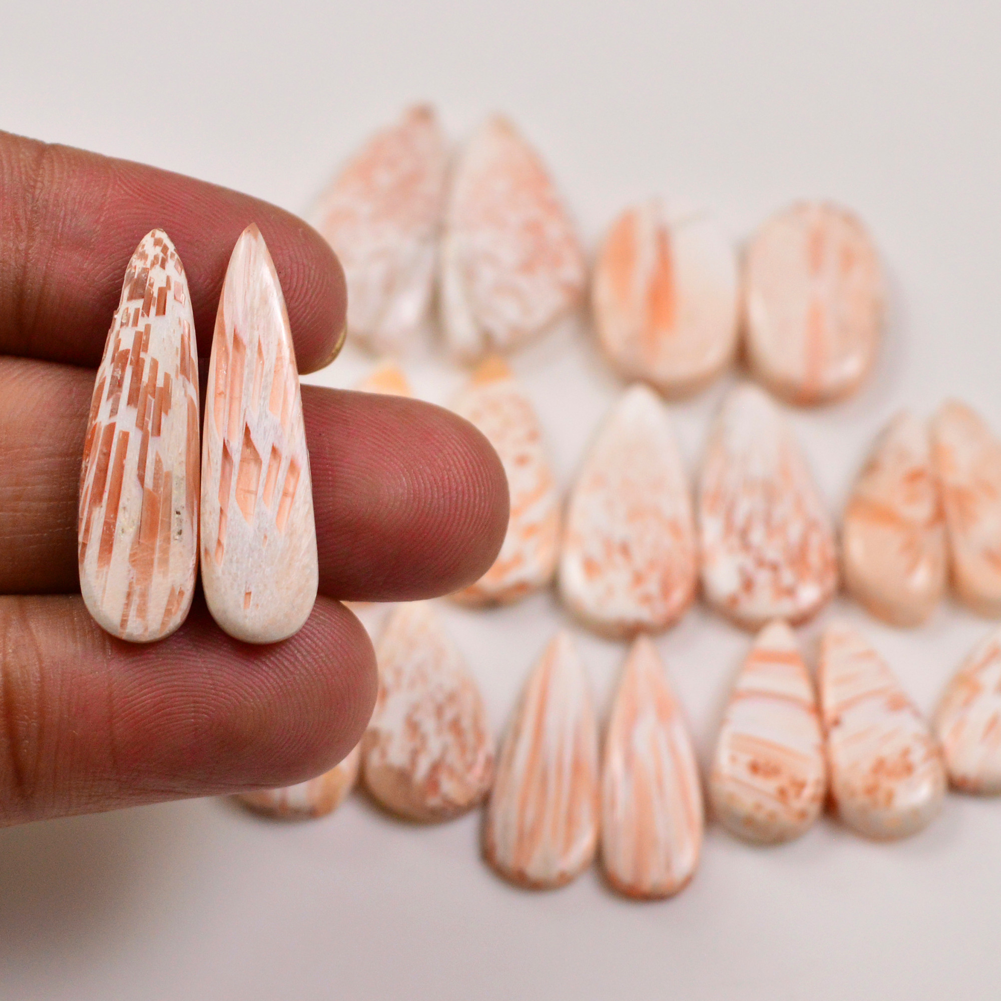 10 Pairs 109Cts Natural Pink Scolecite gemstone Cabochons Pairs lot for Jewelry Making 28x6 15x7mm 19730