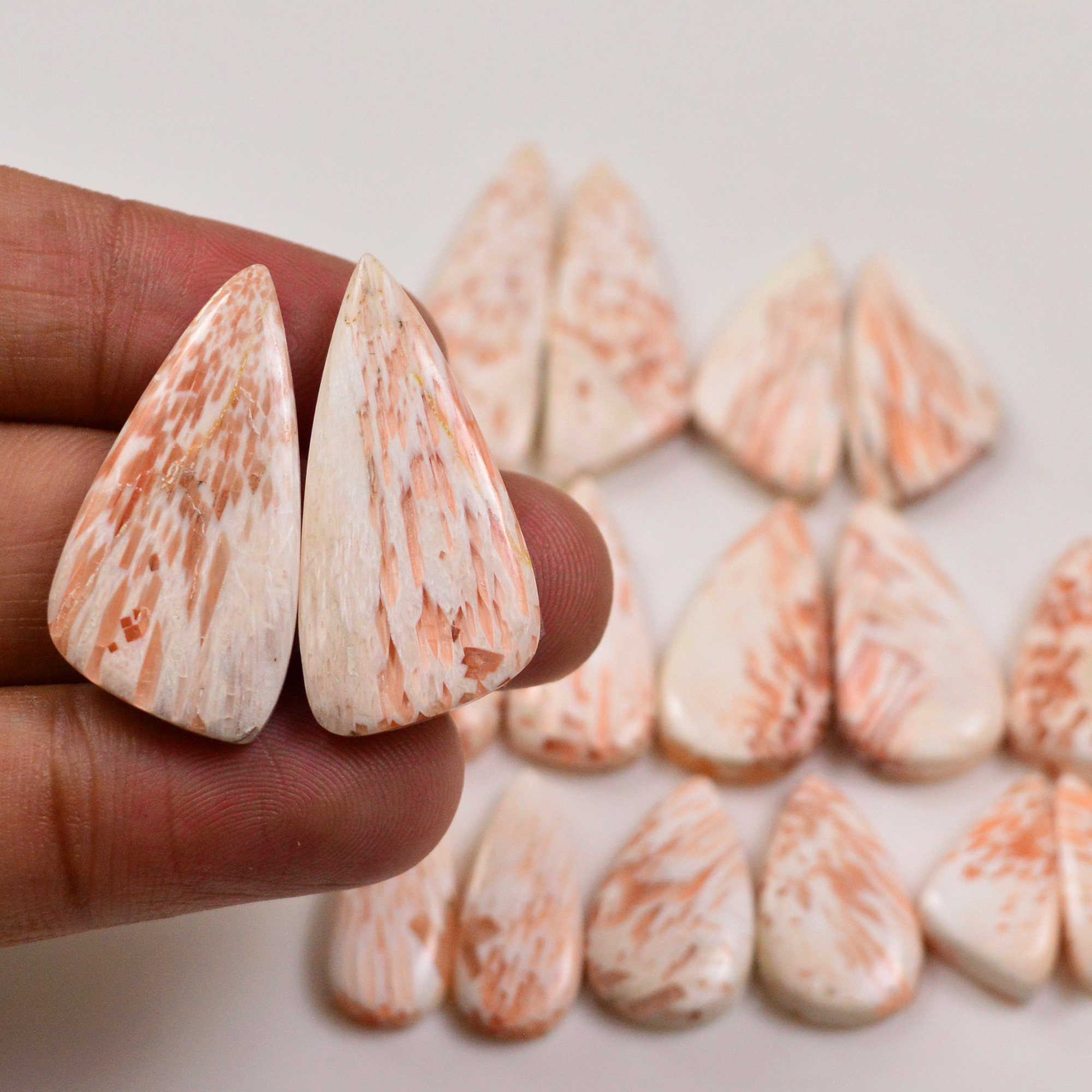 10 Pairs 140Cts Natural Pink Scolecite gemstone Cabochons Pairs lot for Jewelry Making  30x14 16x9mm 19731