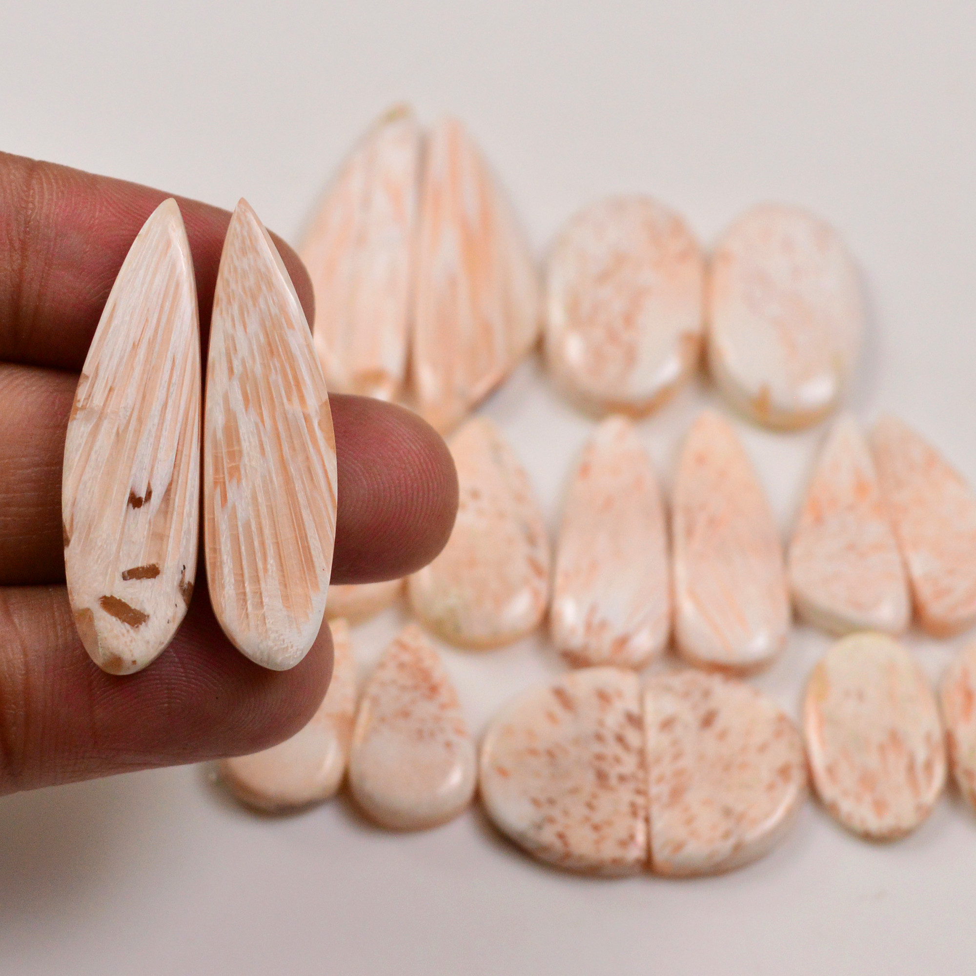 9 Pairs 149Cts Natural Pink Scolecite gemstone Cabochons Pairs lot for Jewelry Making  37x10 17x9mm 19732