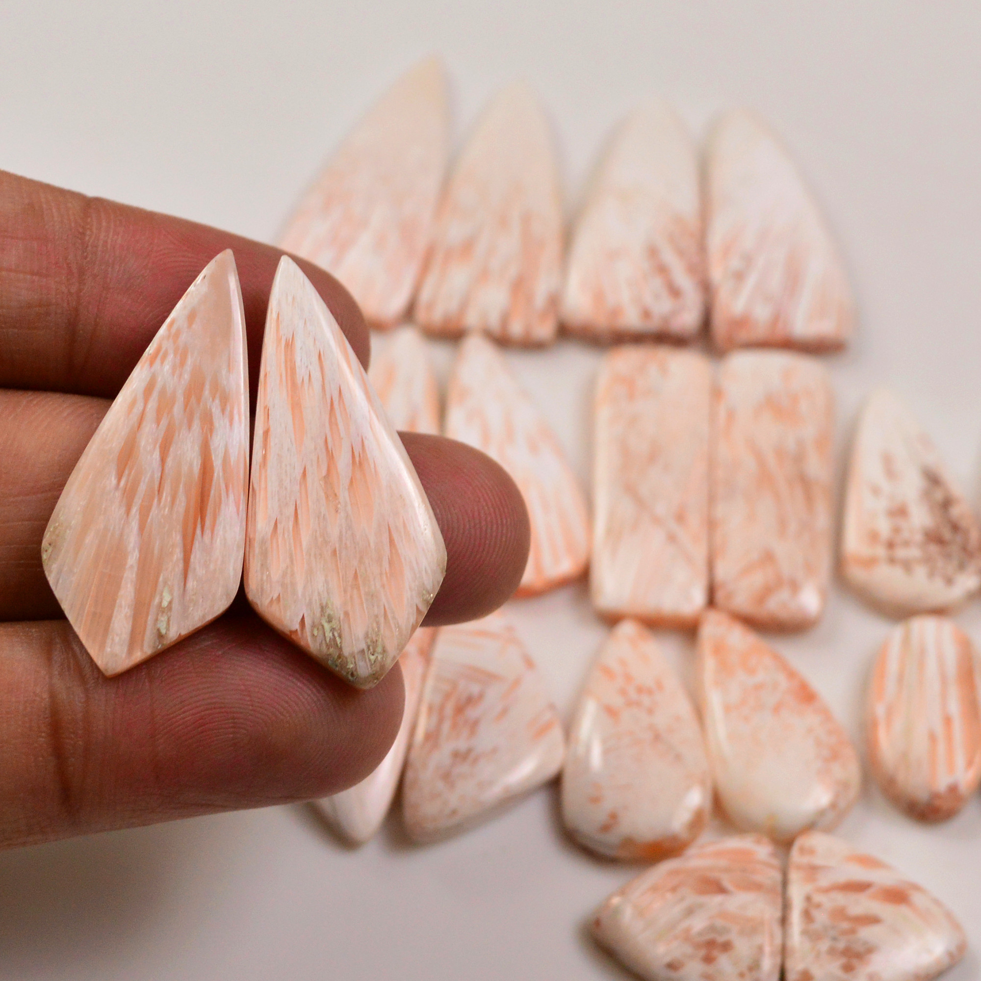 10 Pairs 165Cts Natural Pink Scolecite gemstone Cabochons Pairs lot for Jewelry Making  32x12 13x15mm 19734