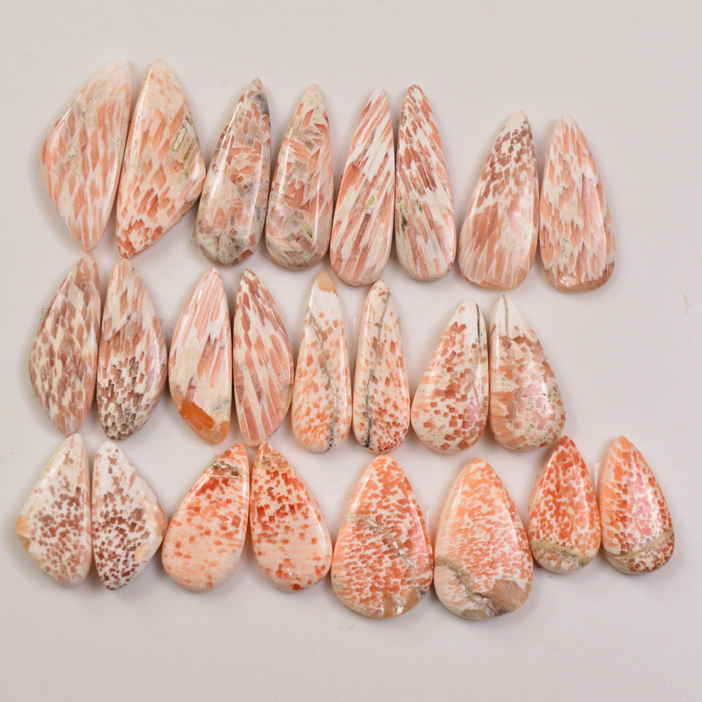Image of 12 Pairs 138Cts Natural Pink Scolecite gemstone Cabochons Pairs lot for Jewelry Making  26x8 20x9mm #19735