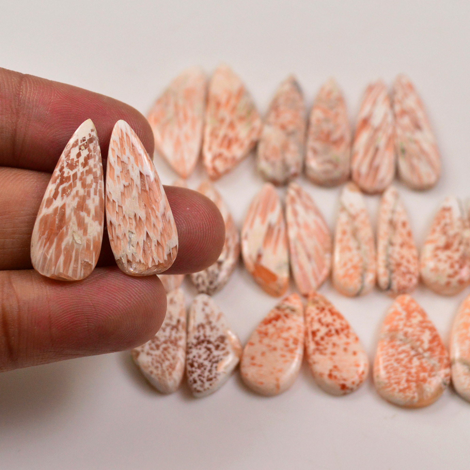12 Pairs 138Cts Natural Pink Scolecite gemstone Cabochons Pairs lot for Jewelry Making 26x8 20x9mm 19735