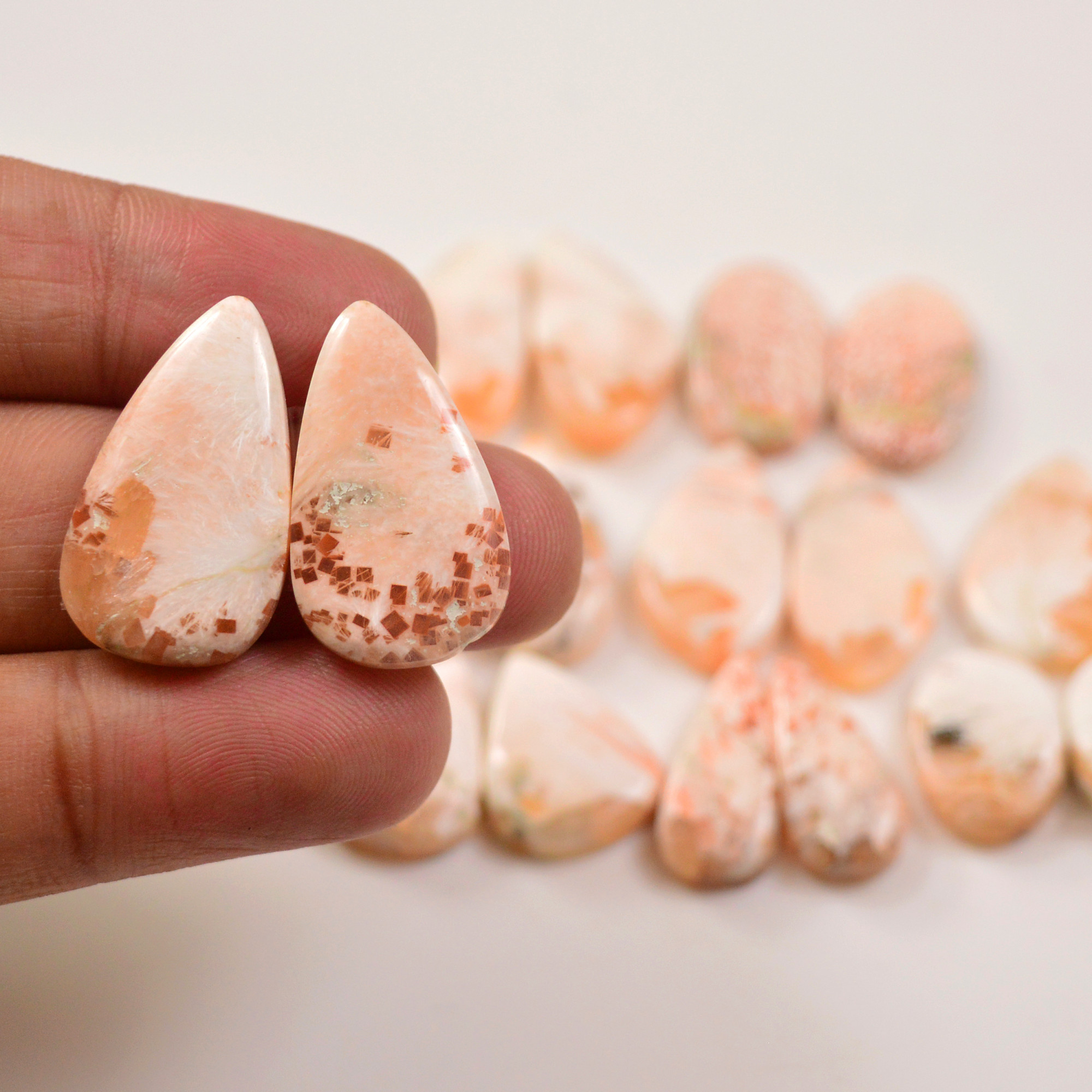9 Pairs 129Cts Natural Pink Scolecite gemstone Cabochons Pairs lot for Jewelry Making  24x13 15x10mm 19739
