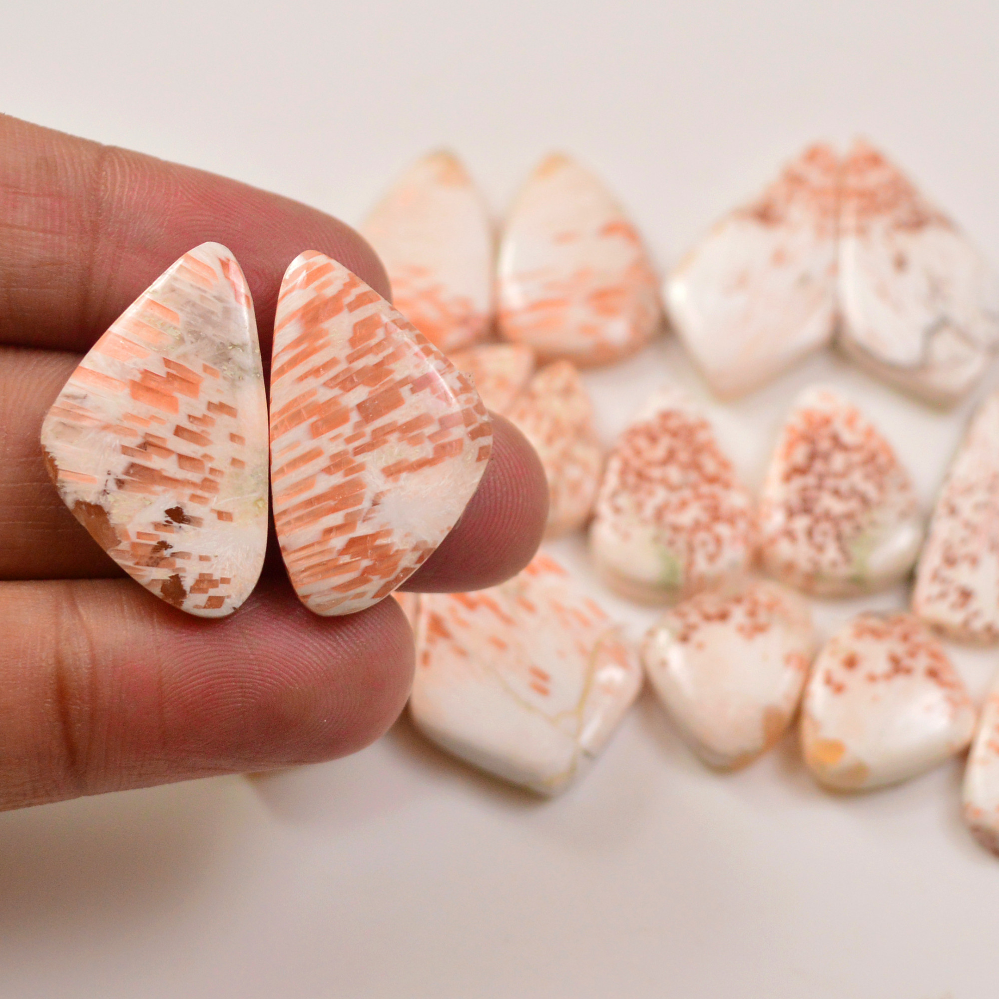 10 Pairs 153Cts Natural Pink Scolecite gemstone Cabochons Pairs lot for Jewelry Making  29x7 15x9mm 19740