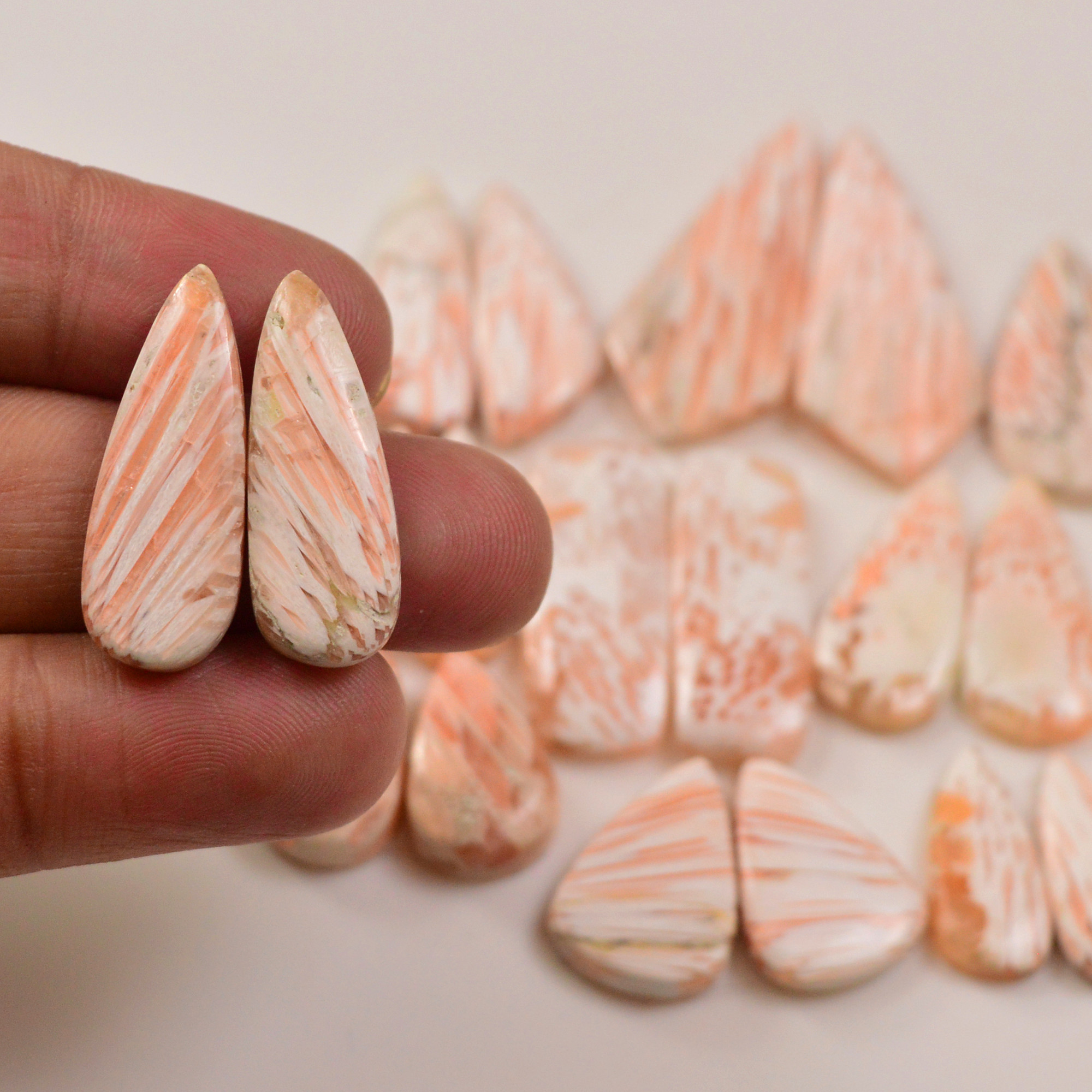 12 Pairs 168Cts Natural Pink Scolecite gemstone Cabochons Pairs lot for Jewelry Making  37x15 15x10mm 19741
