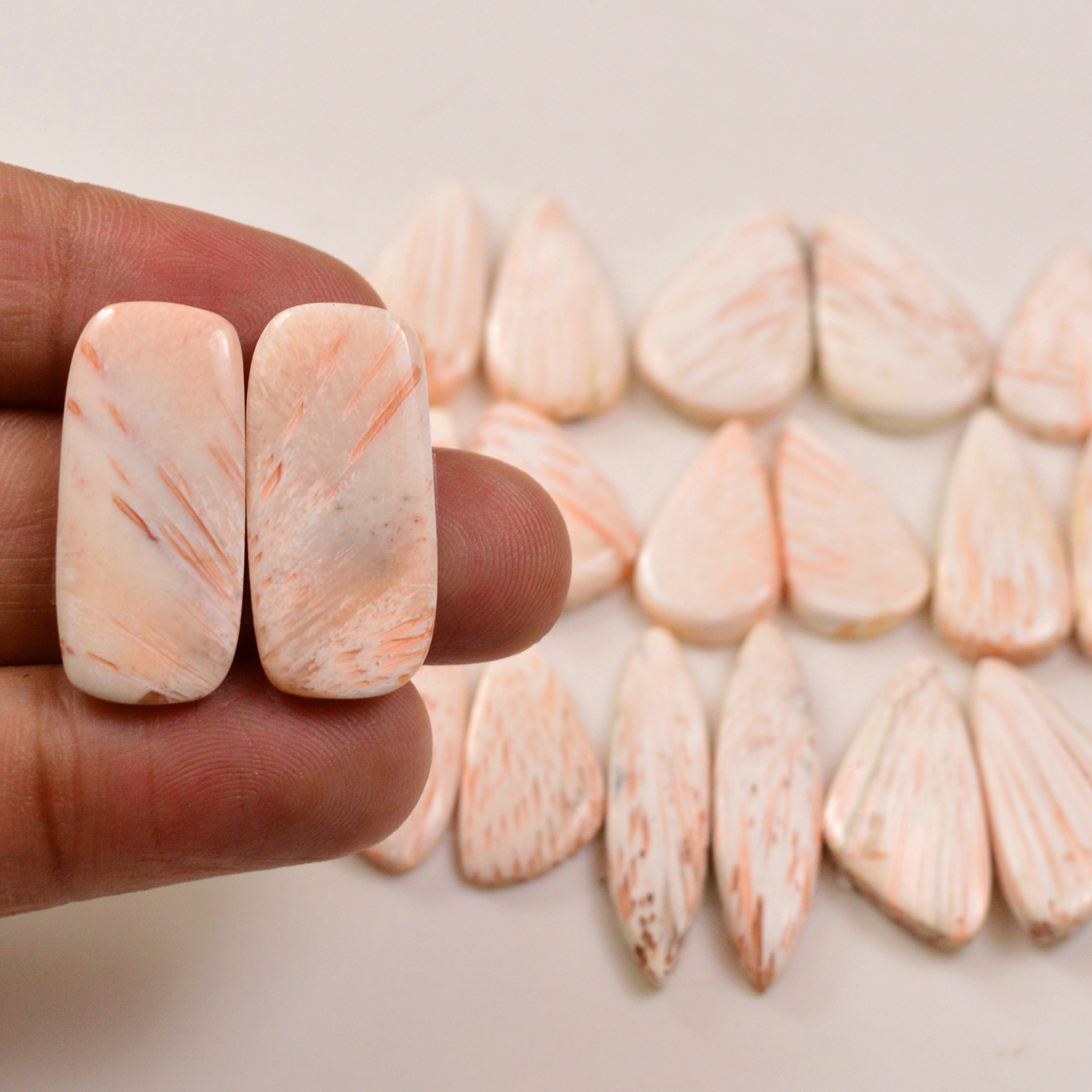 10 Pairs 118Cts Natural Pink Scolecite gemstone Cabochons Pairs lot for Jewelry Making  30x6 19x9mm 19743