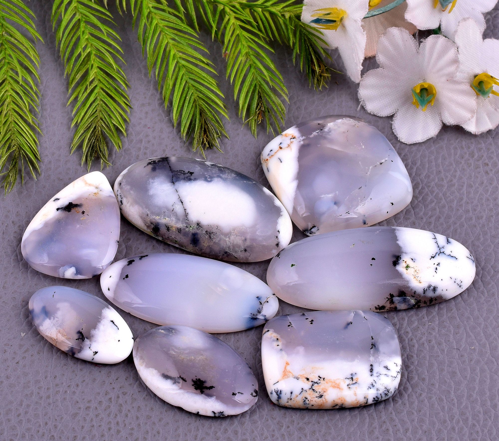 8 Pcs 216CTS Dendrite Opal Mix Cabochon Loose Gemstone Wholesale Lot Size 41x18 23x13 mm