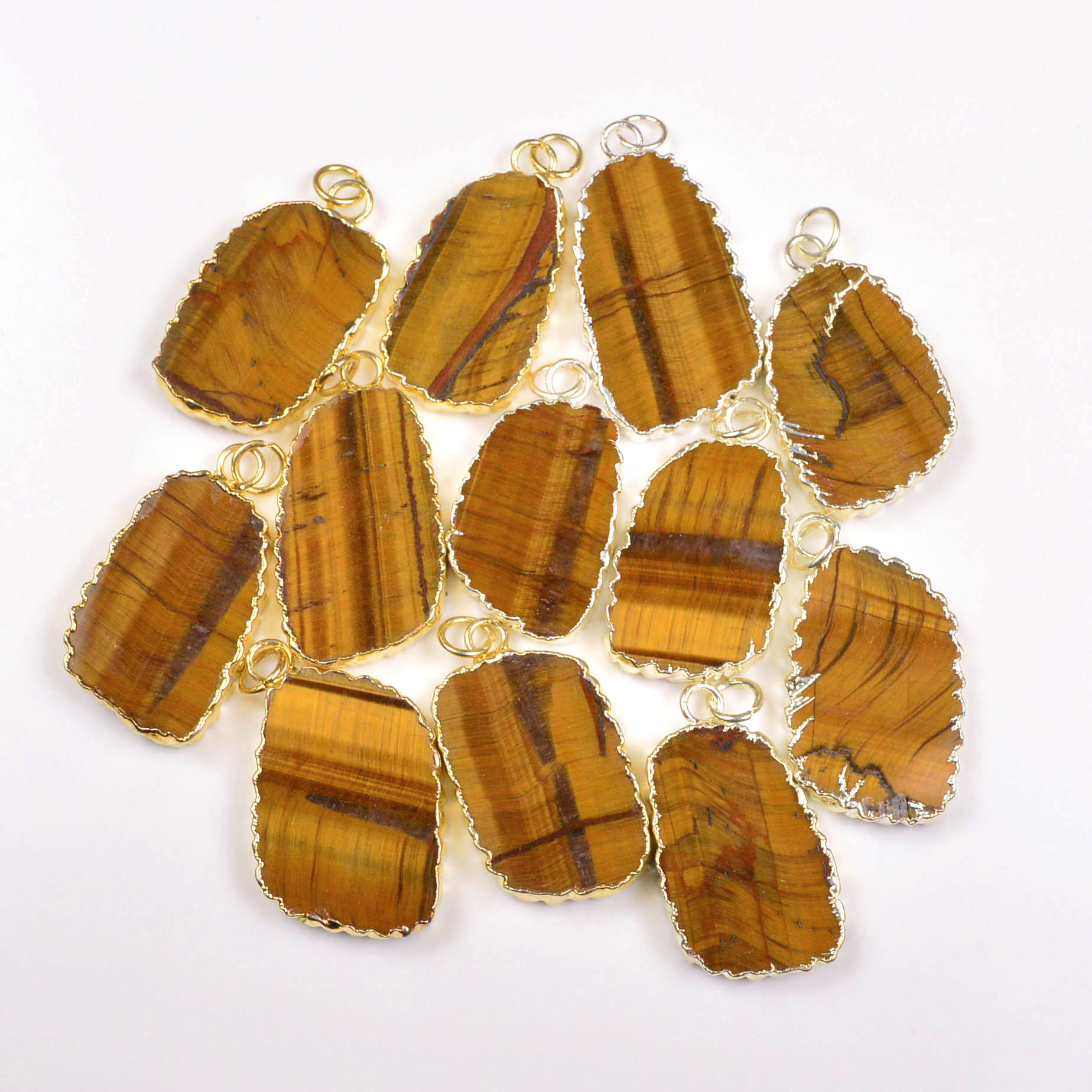 12Pcs 367Cts Natural Tiger Eye Gold  Silver Electroplated Connector Pendant Lot 32x1835x16mm Gemstone Jewelry Making Supplies 19862