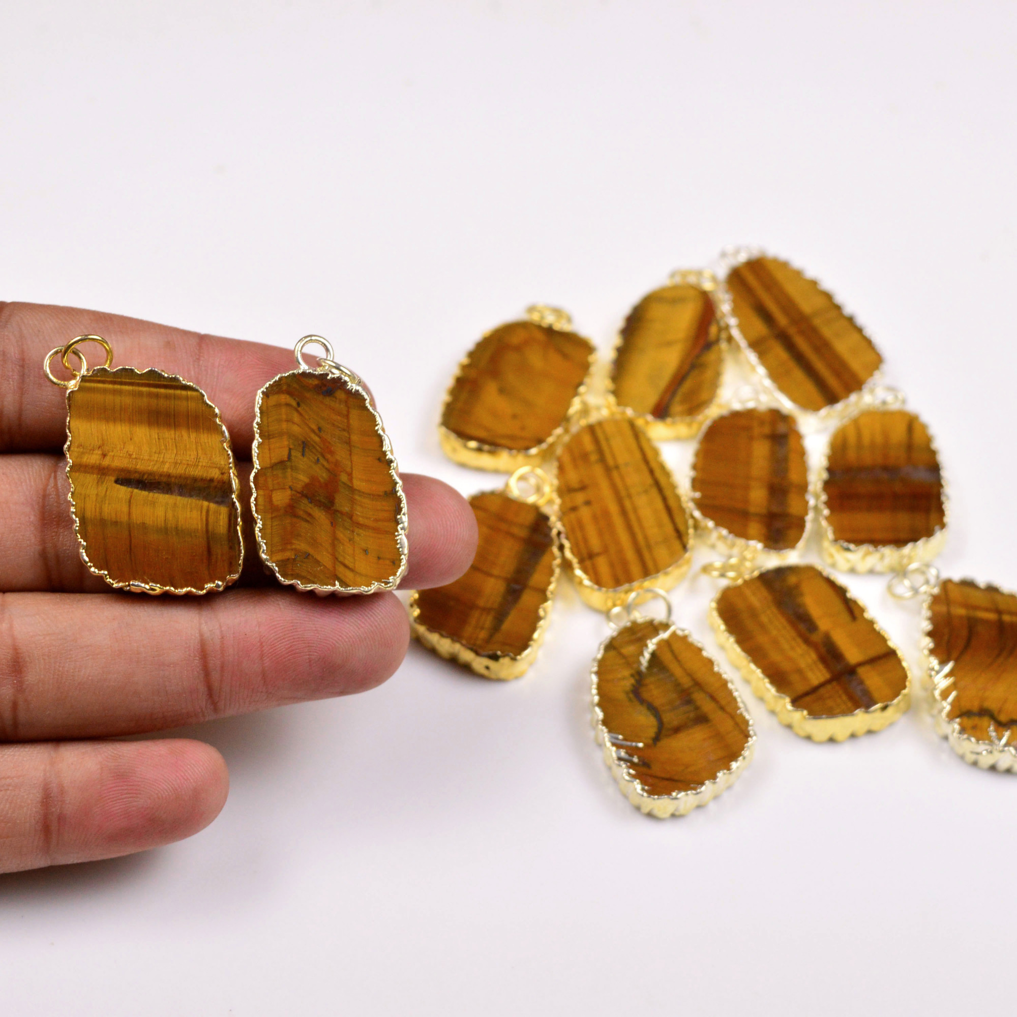 12Pcs 367Cts Natural Tiger Eye Gold  Silver Electroplated Connector Pendant Lot 32x1835x16mm Gemstone Jewelry Making Supplies 19862