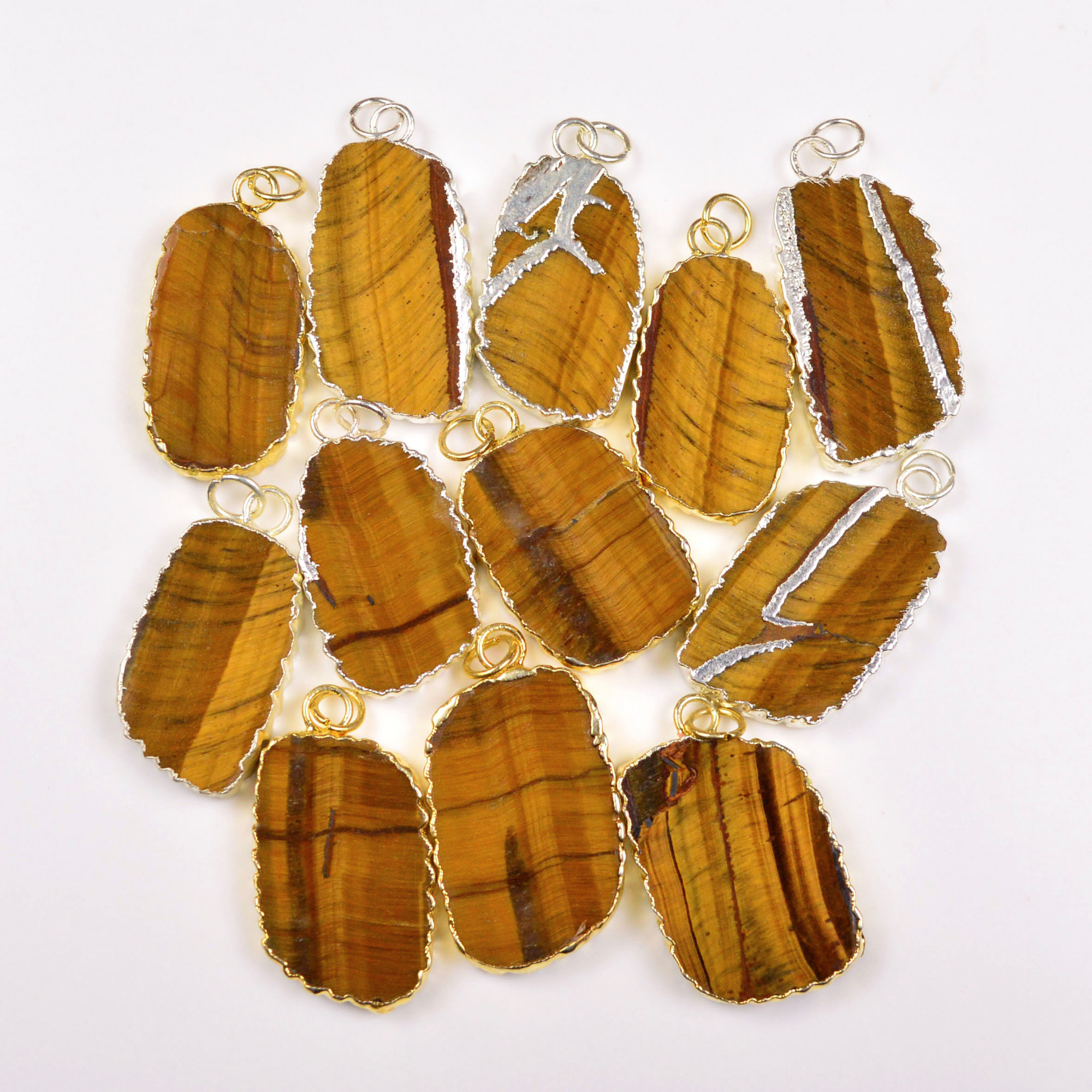 12Pcs 376Cts Natural Tiger Eye Gold Silver Electroplated Connector Pendant Lot Gemstone Jewelry Making Supplies 32x1838x20mm 19863