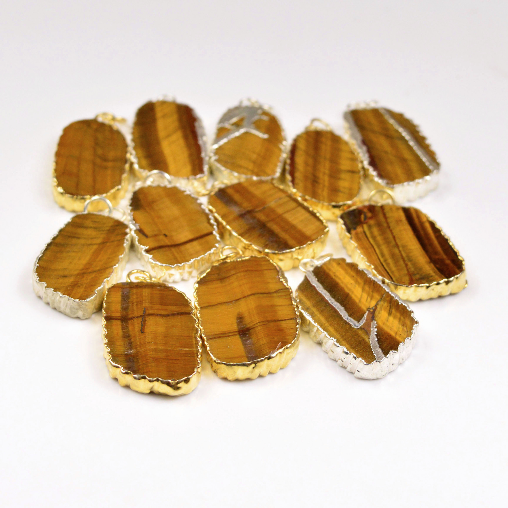 12Pcs 376Cts Natural Tiger Eye Gold Silver Electroplated Connector Pendant Lot Gemstone Jewelry Making Supplies 32x1838x20mm 19863