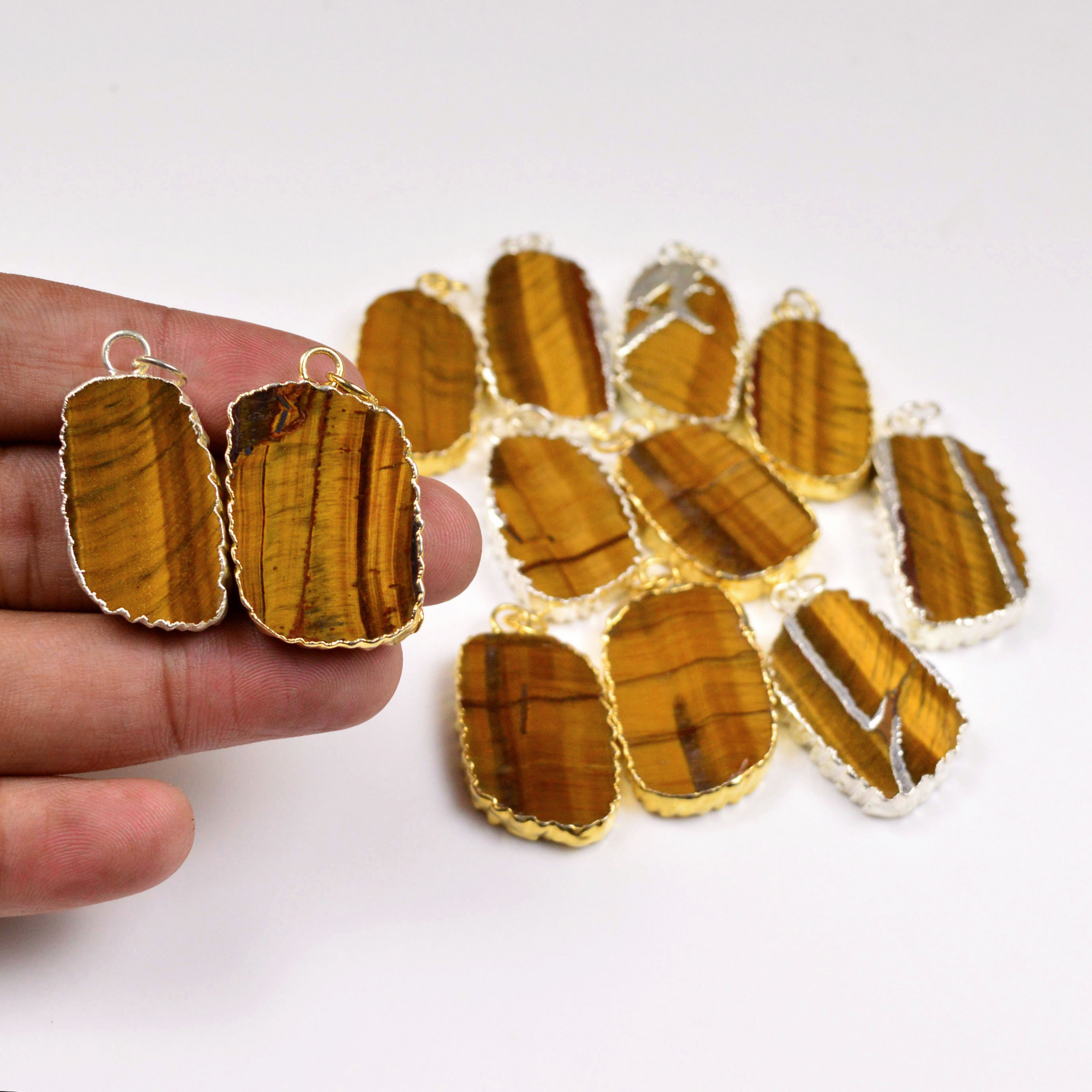 12Pcs 376Cts Natural Tiger Eye Gold  Silver Electroplated Connector Pendant Lot Gemstone Jewelry Making Supplies 32x1838x20mm 19863