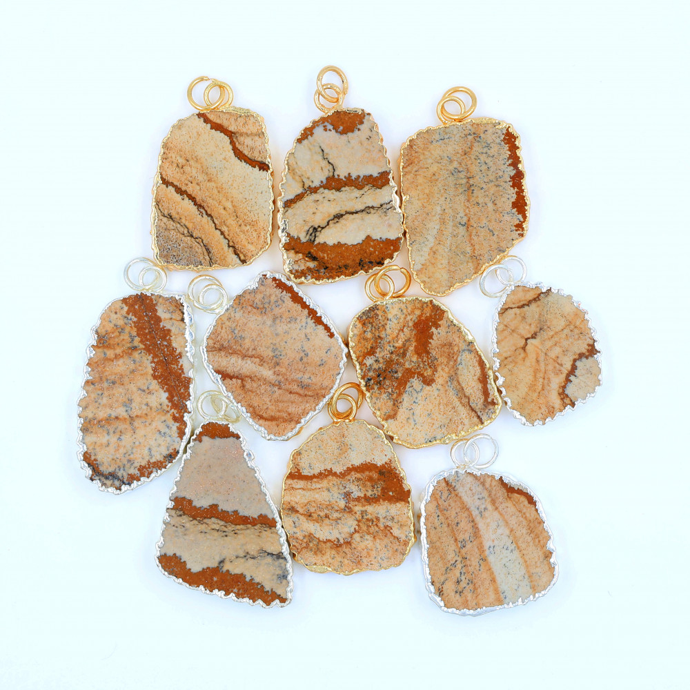 Image of 10Pcs 293Cts Natural Picture Jasper Gold &amp; Silver Electroplated Connector Pendant Lot, Gemstone Jewelry Making Supplies, 29x18–40x28mm #19864